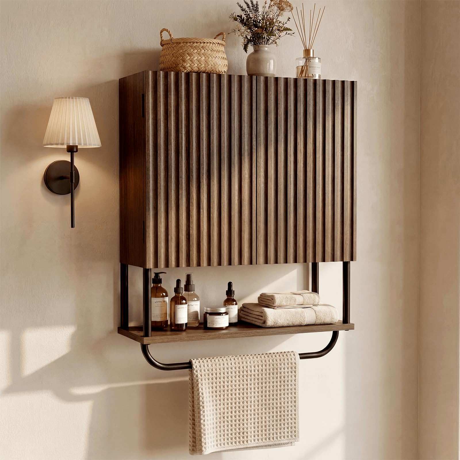 Fluted Bathroom Wall Cabinet,Wood Medicine Cabinet with Towel Bar Walnut