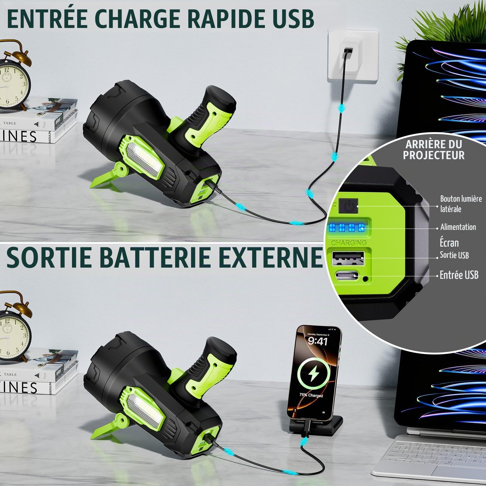 taoquwe Projecteur rechargeable, 200 0000 lm, super lumineux, lampe de poche LED haute luminosité, grand projecteur d'extérieur avec trépied pliable pour bateau, camping, chasse