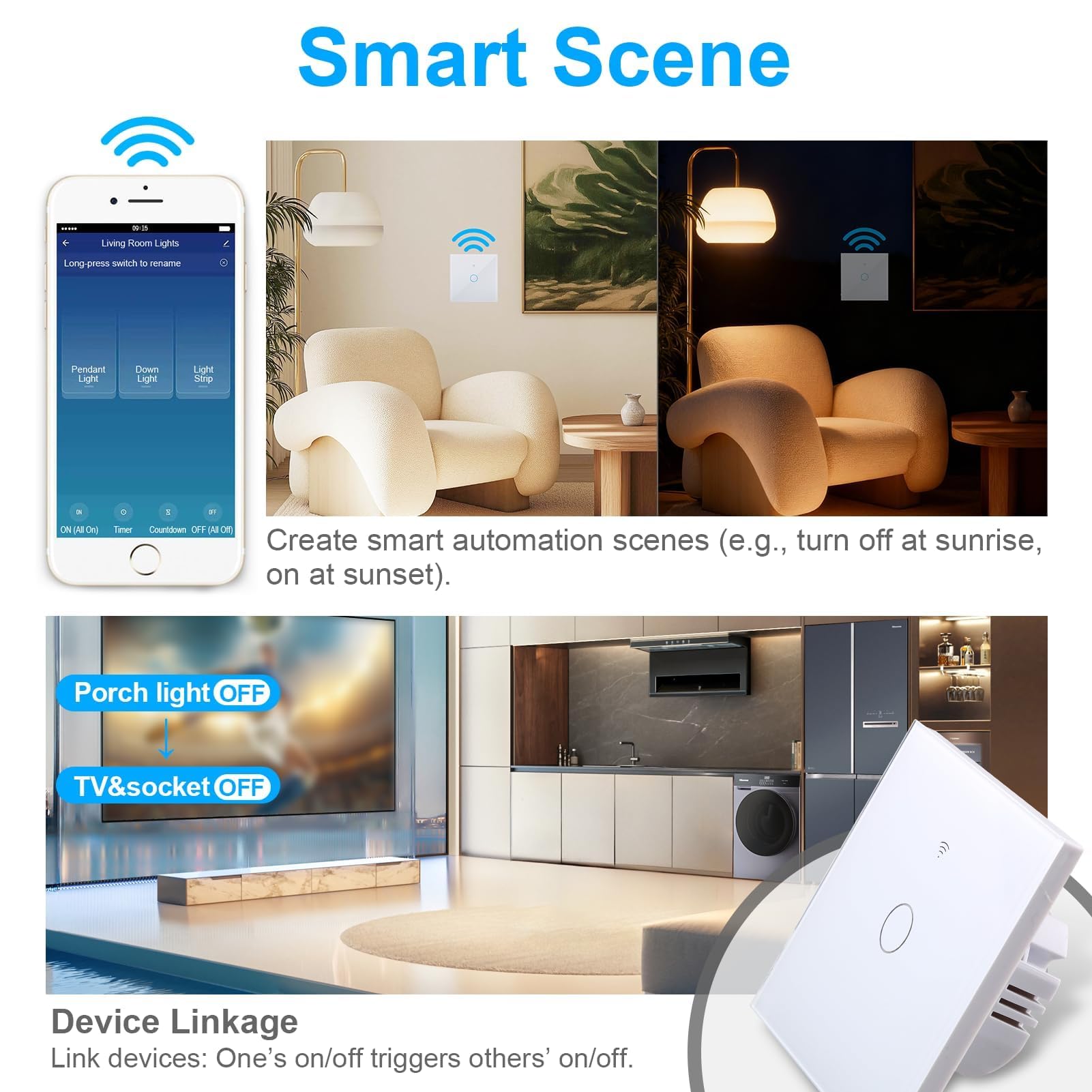 Interruptor WiFi Inteligente Táctil de Pared, 1 Vía 1 Gang, Compatible con Alexa, Google Home y Tuya Smart Life, Requiere Neutro, Panel de Cristal, 86 x 86 mm, Blanco