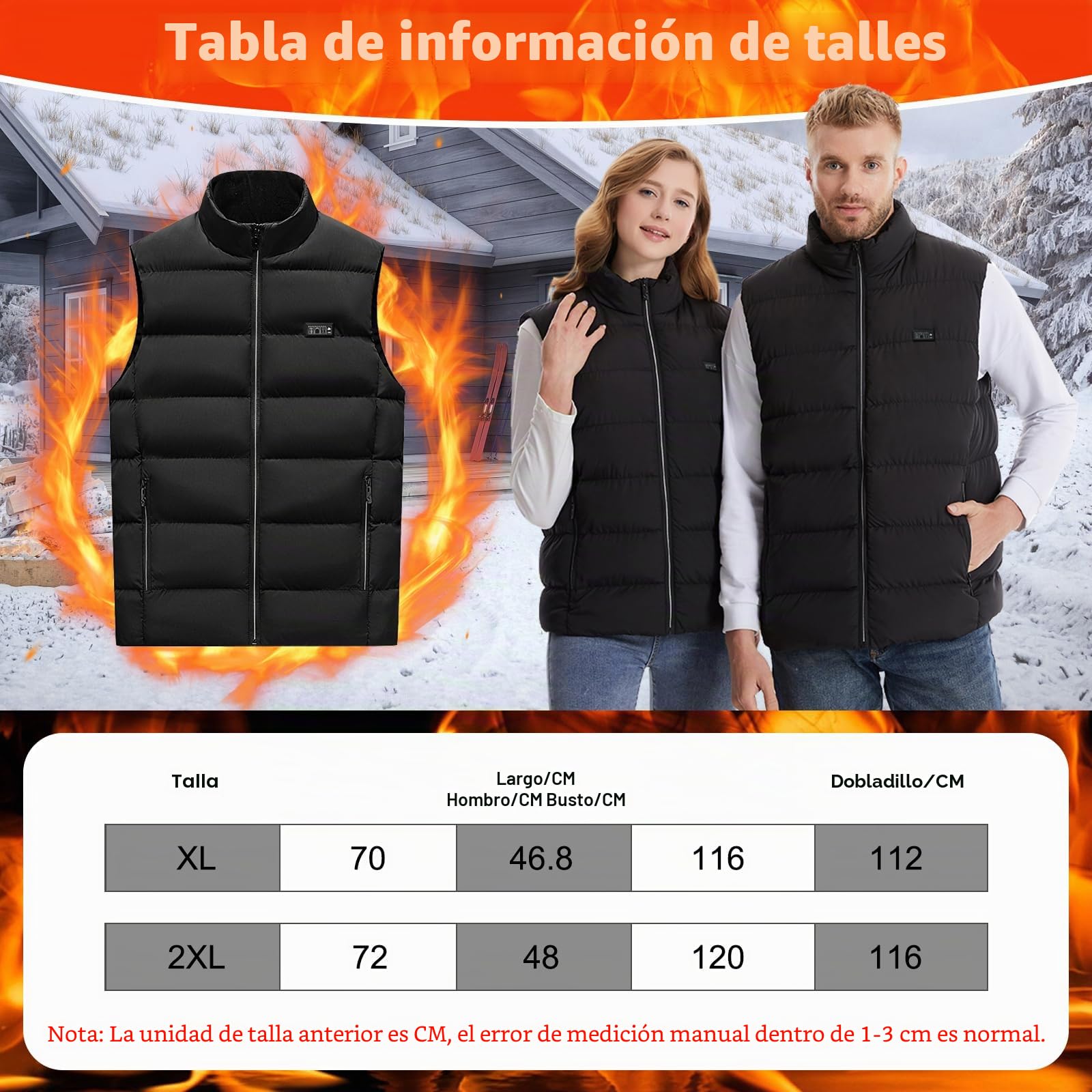 Chaleco Calefactable Unisex Hombre Mujer, Chaleco Calefactable Eléctrico con 3 Temperaturas 21 Zonas de Calefacción Chaqueta Calefactable con Carga USB para Esquí Senderismo y Pesca(Sin Batería)