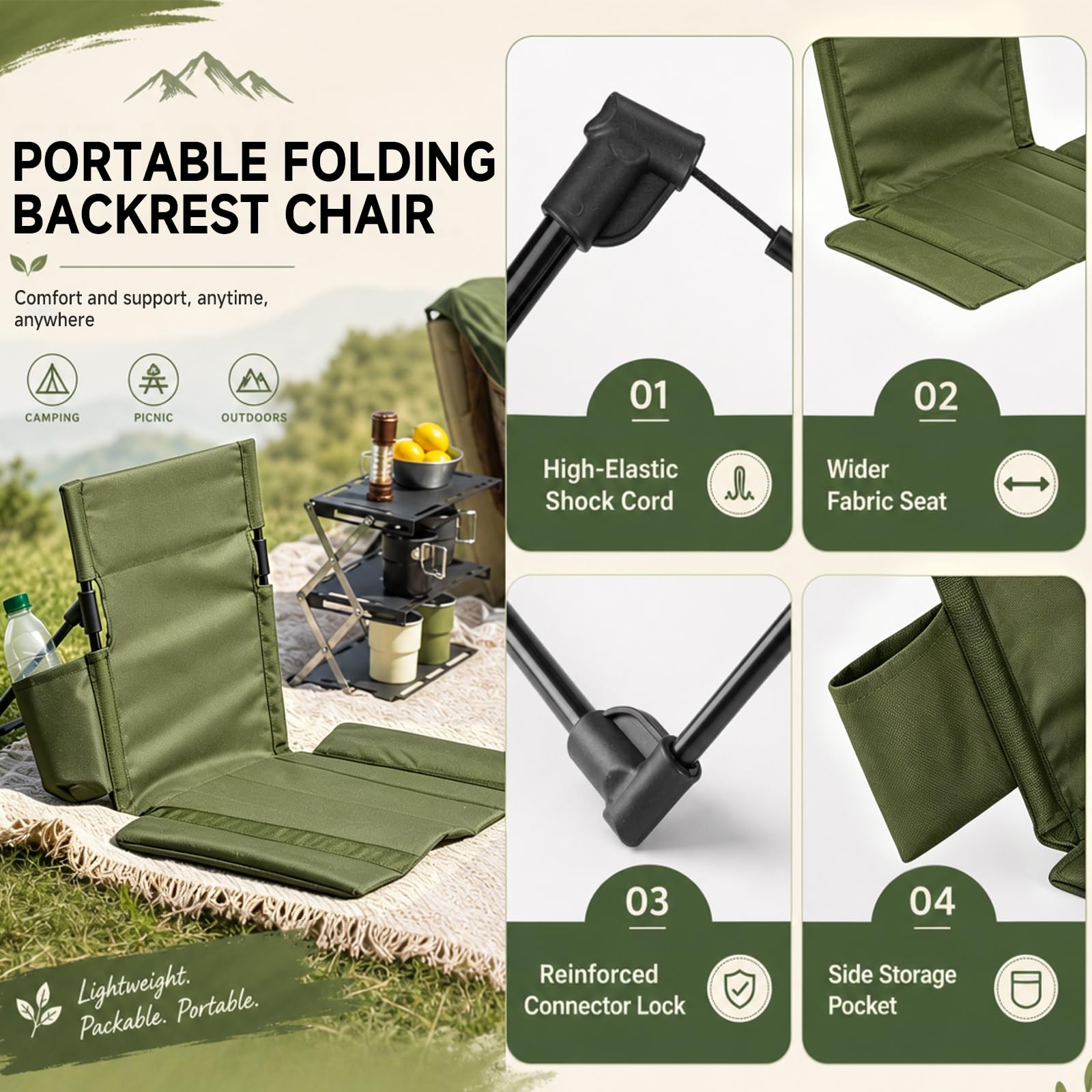Sedia pieghevole da pavimento con schienale, in tessuto Oxford 600D, da campeggio, spiaggia, leggera, con tasca laterale e seduta ampia, sedia pieghevole portatile per spiaggia, giardino, picnic