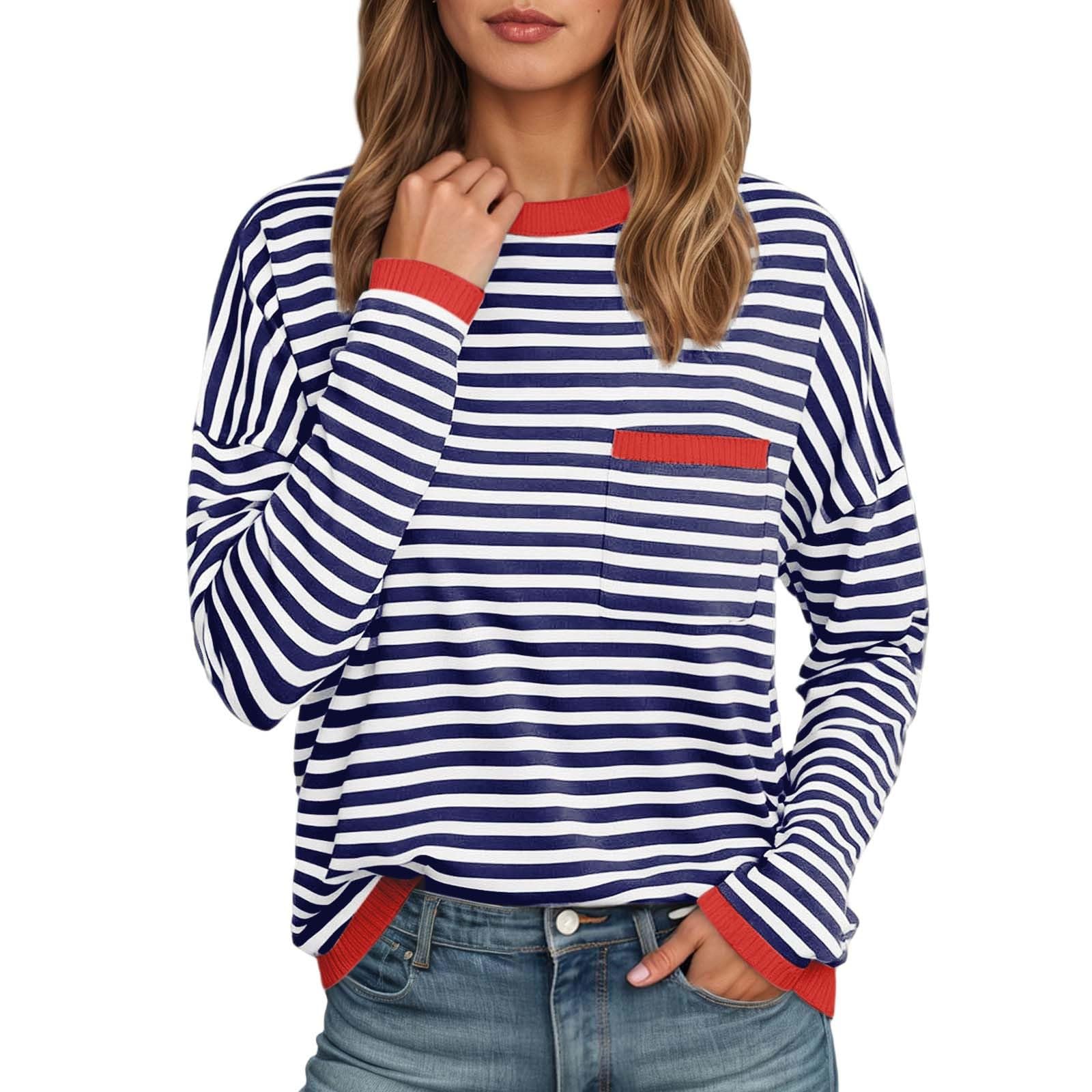 T-shirt à manches longues pour femme de style marin - Haut rayé avec détails contrastés - T-shirt décontracté pour un look intemporel