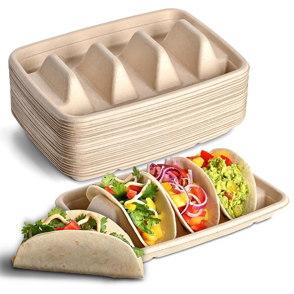 Greohnmpaw 24Pcs Disposable Taco Holders For, Paper Taco Plates With Dividers, Fiesta Taco Tray Holder