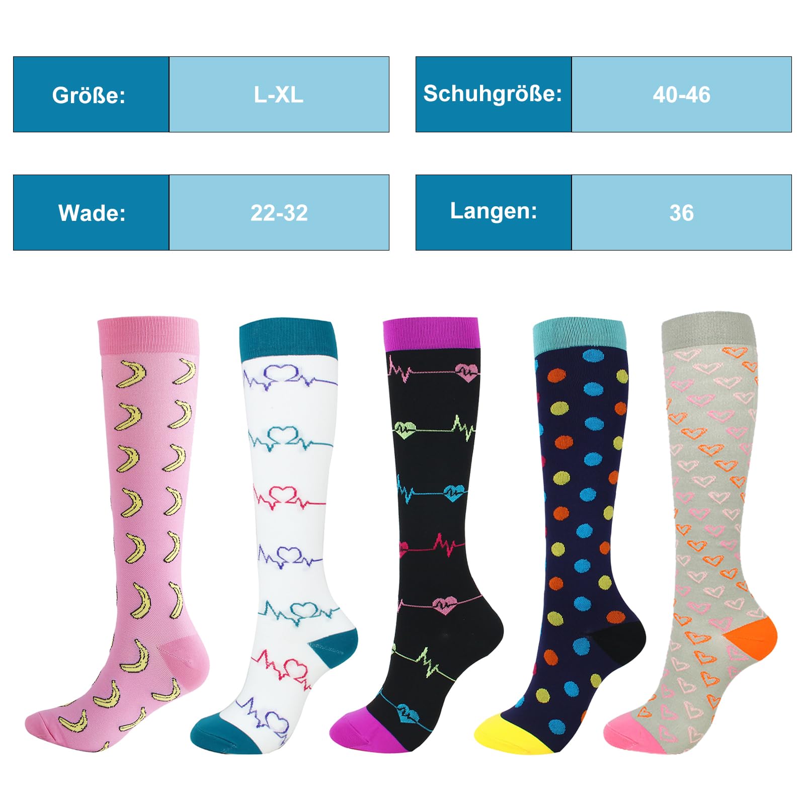 Lot de 5 paires de chaussettes de compression pour homme et femme - Chaussettes de contention sportives colorées - Chaussettes de compression - Respirantes - Pour la course, le cyclisme et les voyages