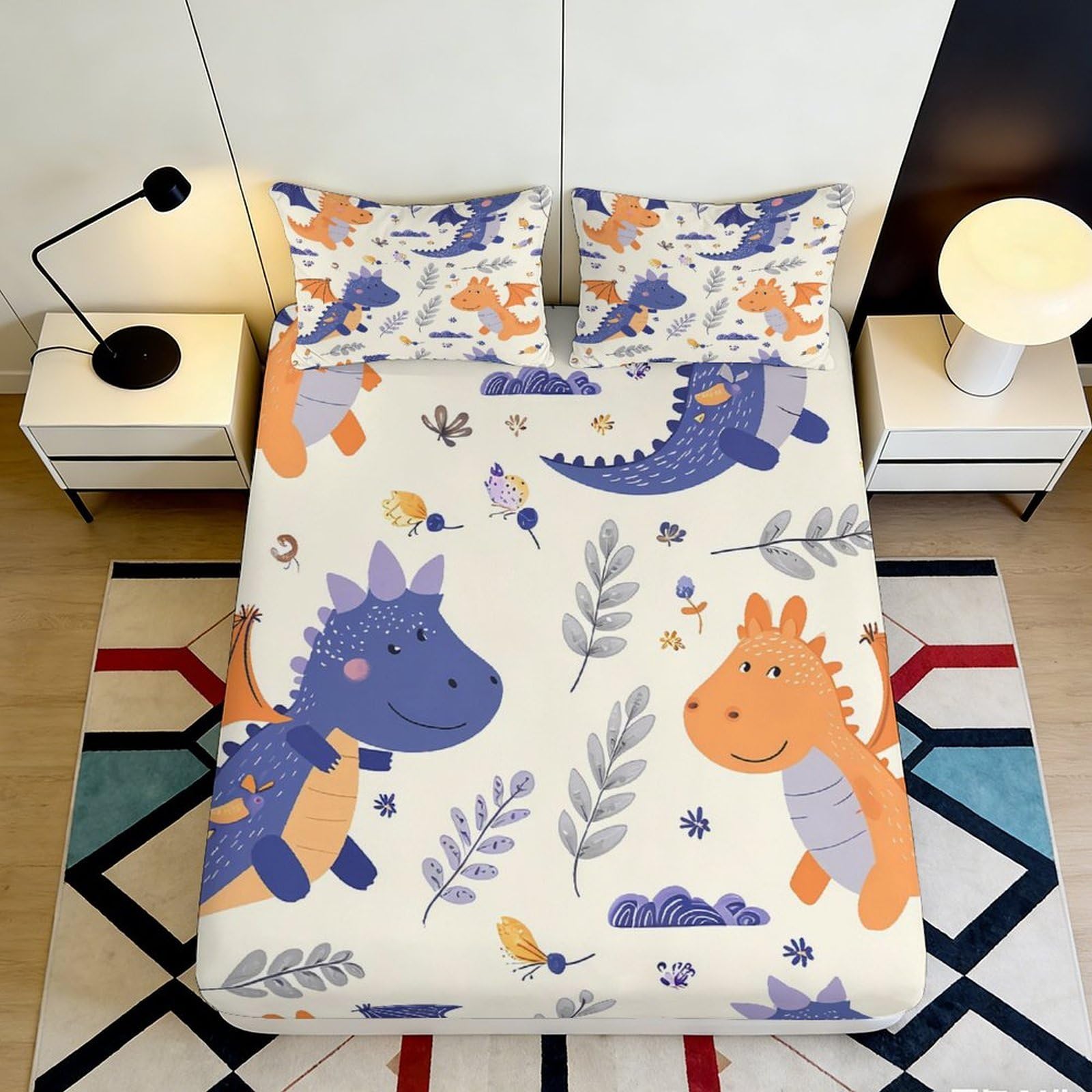 3D Printed Cute Dinosaur Fitted Sheet Microfiber Soft Breathable Cartoon Dragon Bed Cover for Bedroom Dormitory Guest Room Mattress Protection 180x200x25cm