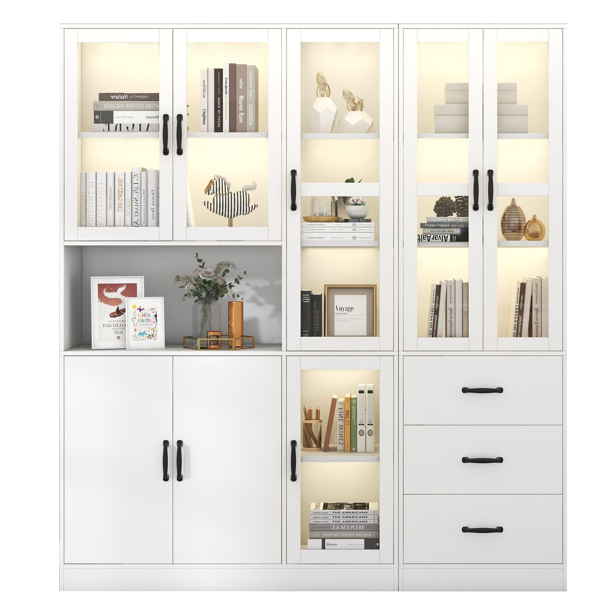 Elegante set di vetrine componibili bianche, alte 200 cm e lunghe 180 cm, autoportanti, con illuminazione a LED, 8 ante e 3 cassetti: perfette per valorizzare la tua casa