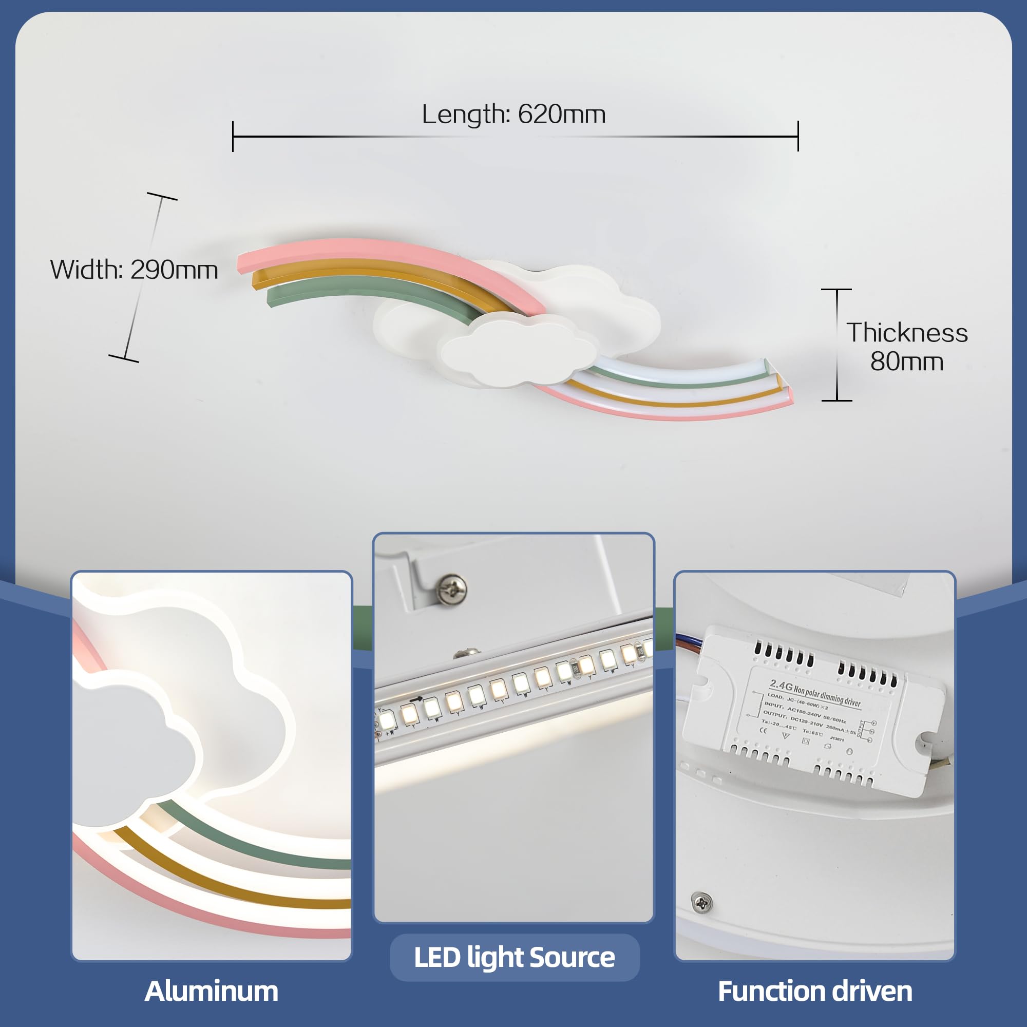 Lámpara de techo para habitación infantil 62 cm, luz LED con mando a distancia, nube creativa, lámpara de techo arcoíris, 3000 K-6000 K, intensidad variable, temporizador y luz nocturna para