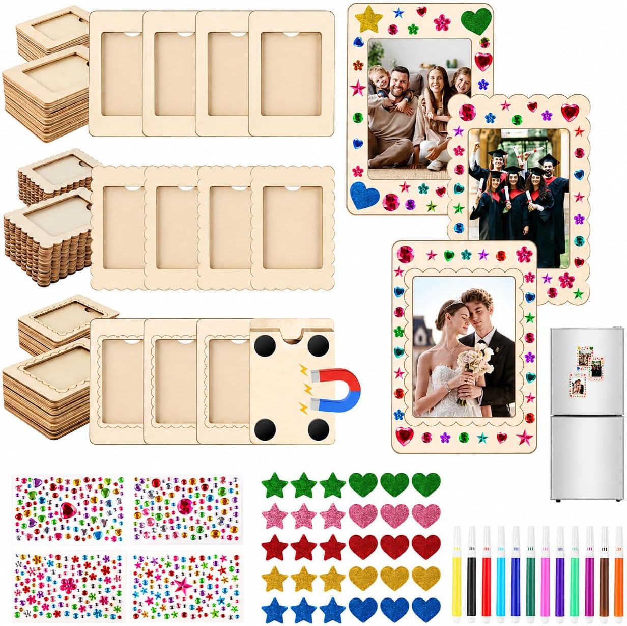 36 Pack Mini Magnetic Wooden Picture Frames for Crafts, Unfinished Magnetic Photo Frame Kit with 12 Watercolor Pens, Heart Star and Diamond Stickers, DIY Fridge Decor for Birthday, Graduation and Wedding Gifts