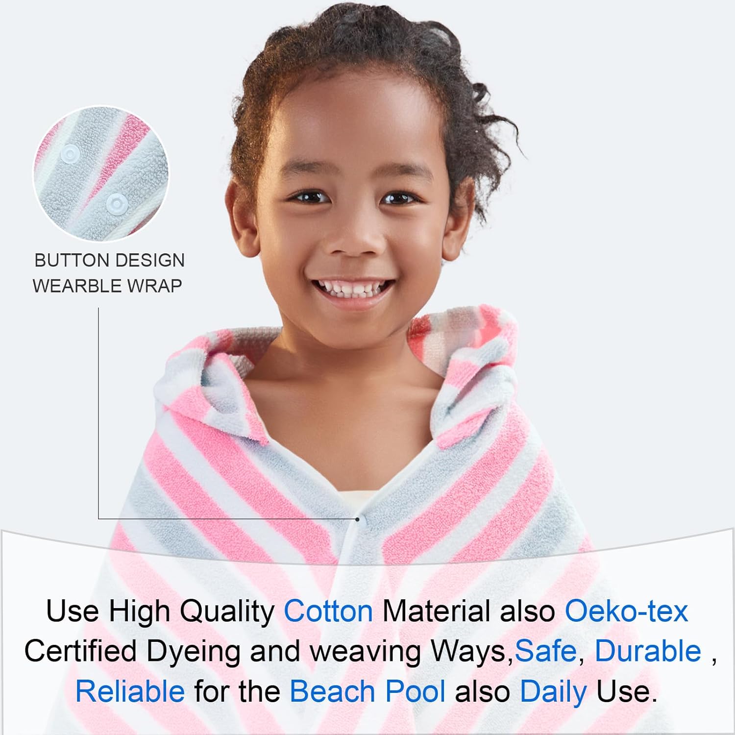 VOOVA & MOVAS Hooded Towels for Kids - 100% Cotton (3-10Years) - Quick Dry Absorbent Lightweight Wrap Towel for Pool | Swim | Beach | Bath, Girls, Pink Gray Stripe - Image 4