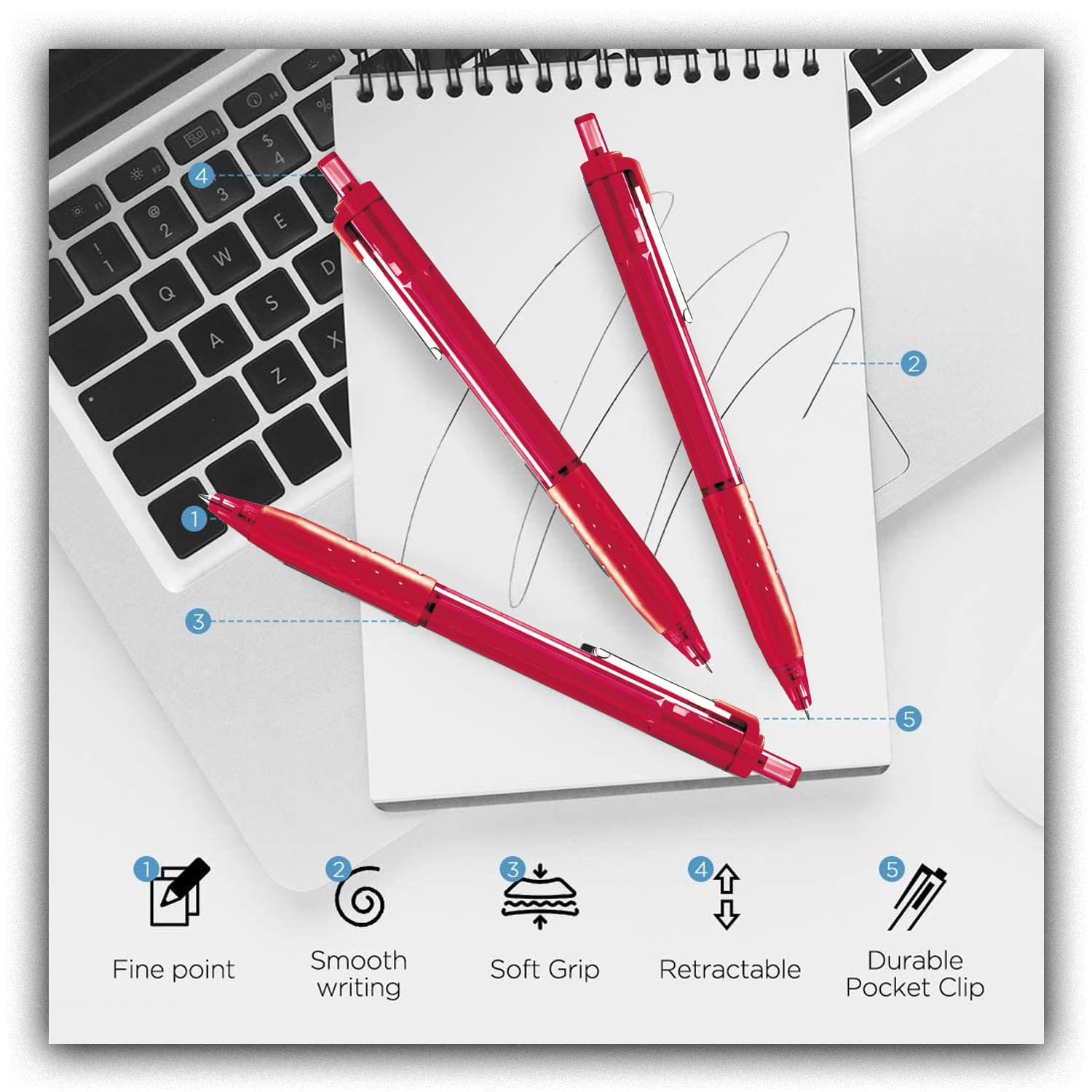 Glamza Ballpoint Pens 0.7mm Red Ink Retractable Writing Pens Multipack Bulk x50 (Model IJ300), 1 count (Pack of 50) - Image 2