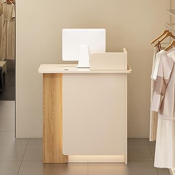Front Desk Reception Counter Table,l Shaped Small Reception Desk,Modern Retail Counter Checkout,Wooden Receptionist Desk,with Lockable Drawer and LED Lights,Check Out Counter,for Beauty SalonApricot
