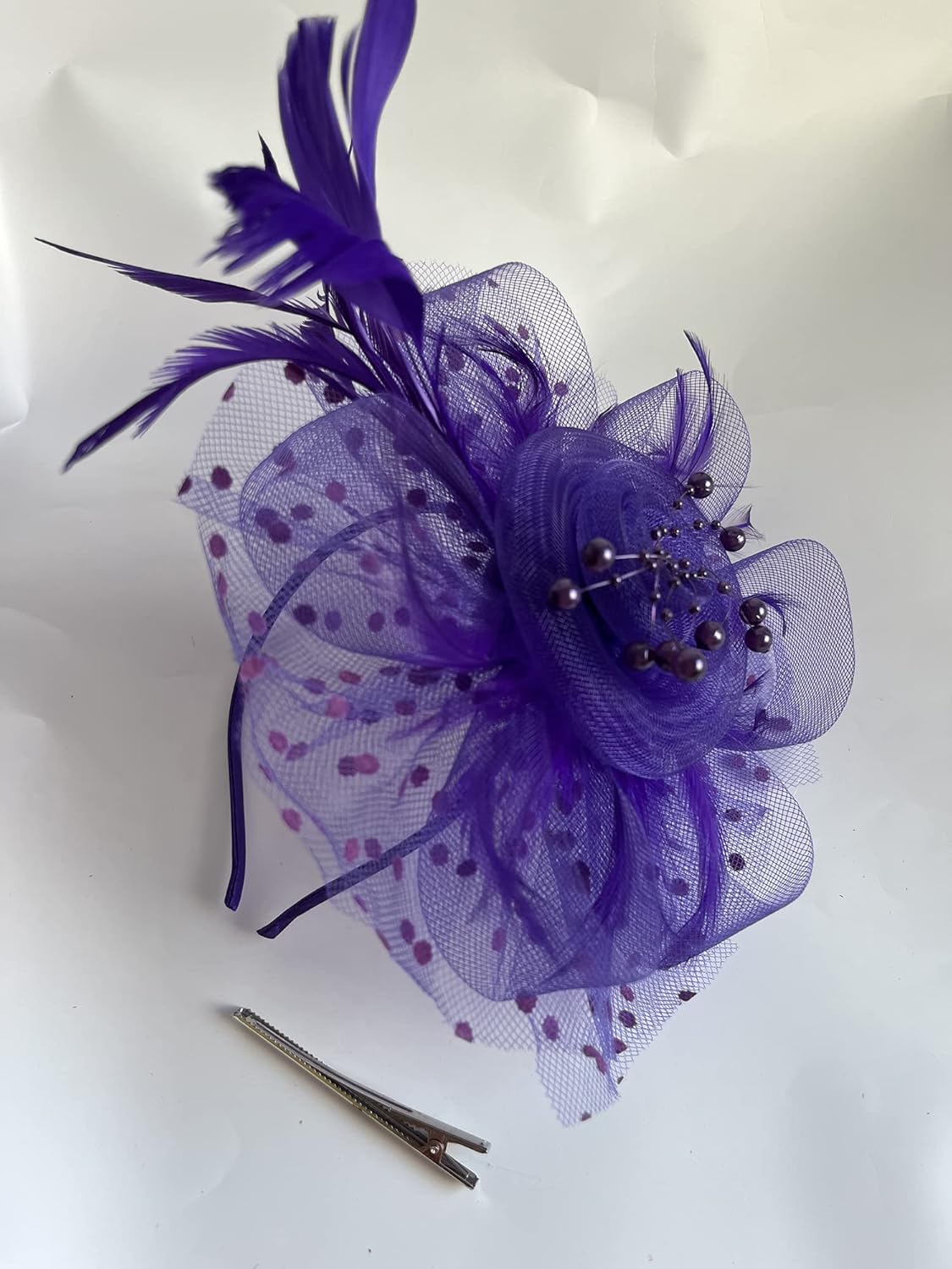 Women Fascinators Tea Party Hat Headwear Feather Flower Fascinator Headband Hairclips Dotted Mesh Beaded - Image 3