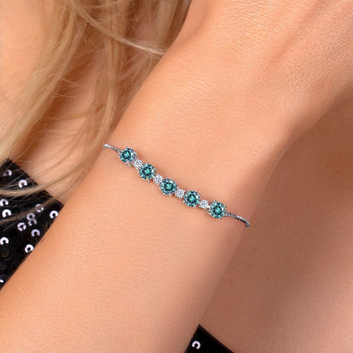 Gem Stone King 925 Sterling Silver Gemstone Birthstone and White Topaz Tennis Bracelet for Women | Round 5MM and 2.5MM | Adjustable Bolo Design | Easy-On Easy-Off | Fully Adjustable Up to 9 Inch