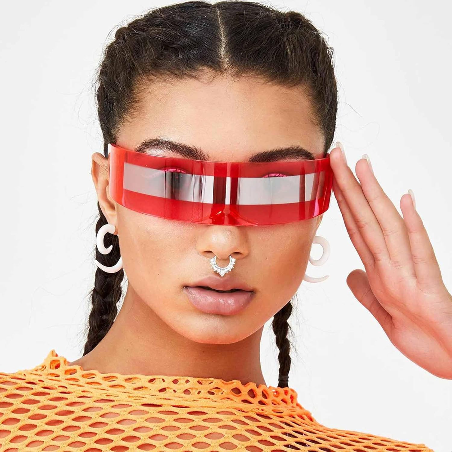 Dollger Futuristic Sunglasses Y2K Space Cyclops Wrap Around Glasses Rimless Translucent Mirrored Lens