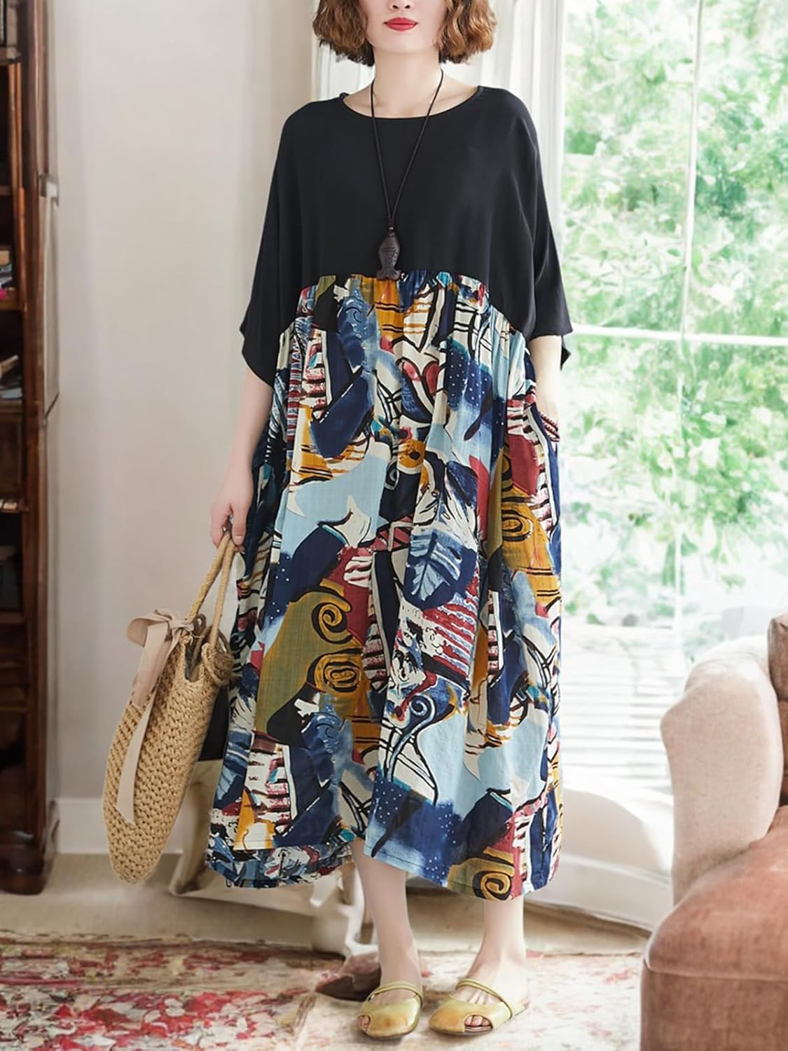 Oversized Dress for Women Loose Fit Plus Size Baggy Dresses Patchwork Cute Artsy Printed O Neck with Pockets Black - Image 7