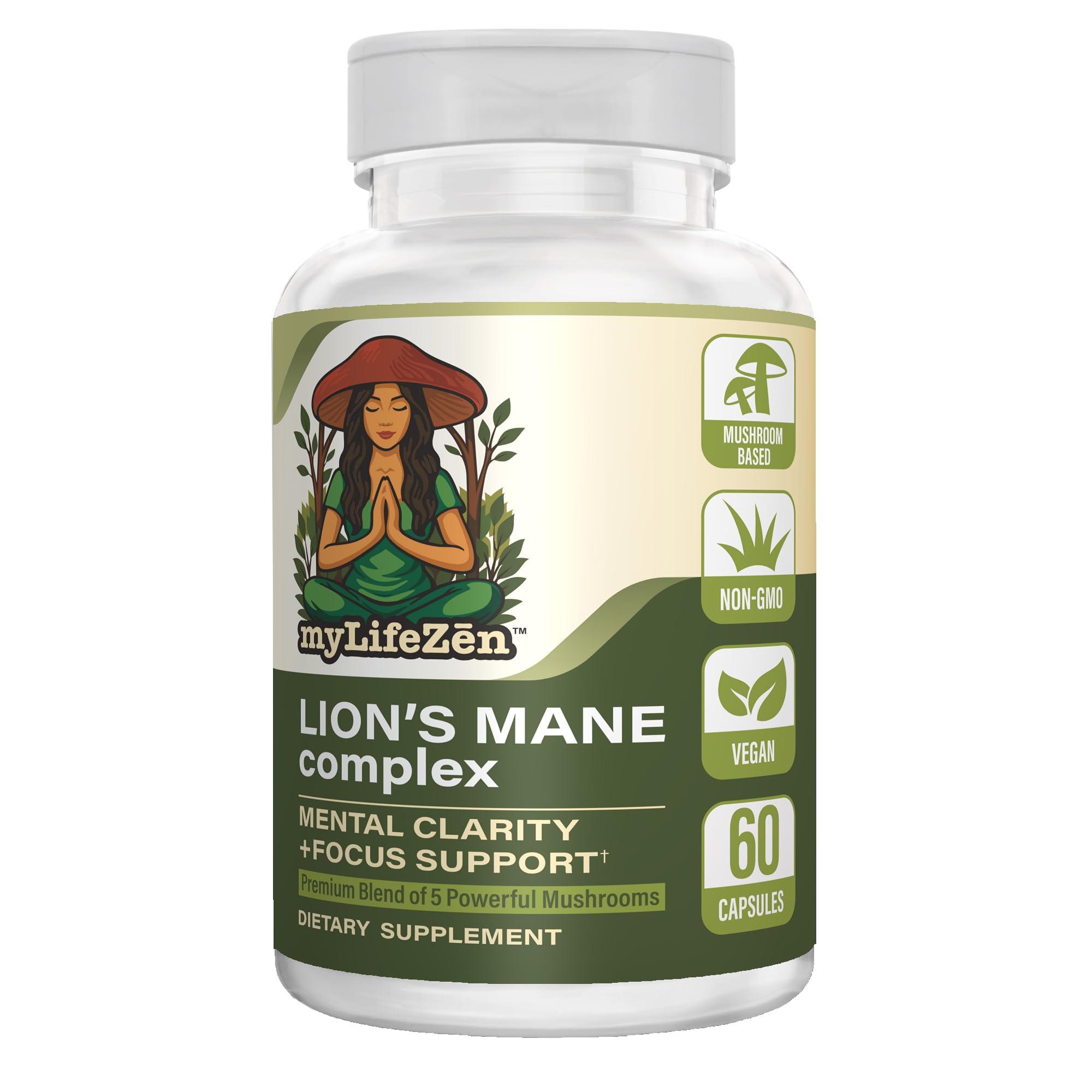 MyLifeZen Suplemento para foco com complexo de cogumelos Juba-de-leão, Chaga, Maitake, Shiitake e Reishi 500 mg, 60 cápsulas
