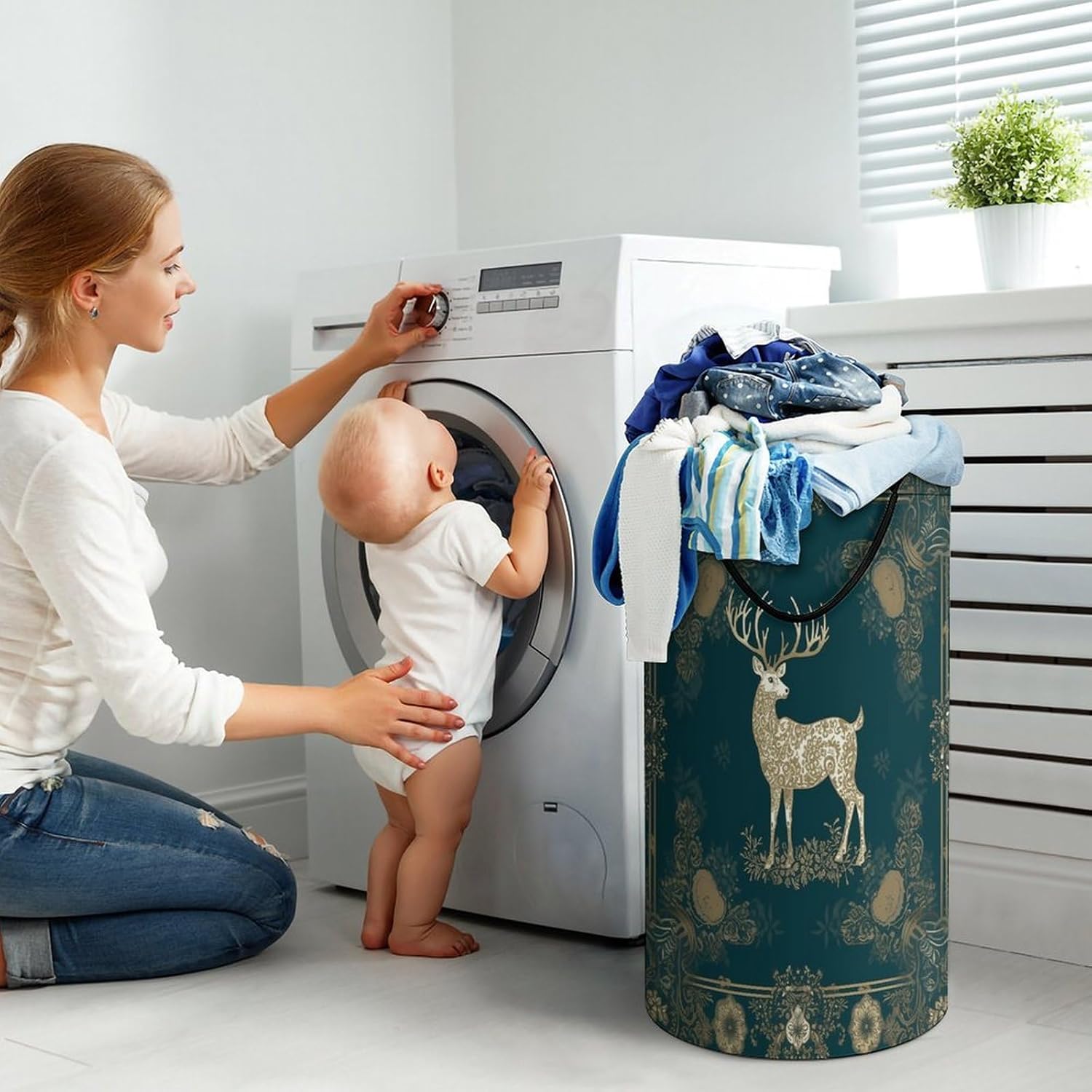 Laundry Basket Snowflake Christmas Reindeer Printed Storage Basket Dirty Clothes Basket Laundry Basket with Handles for Home And Laundry Dorm