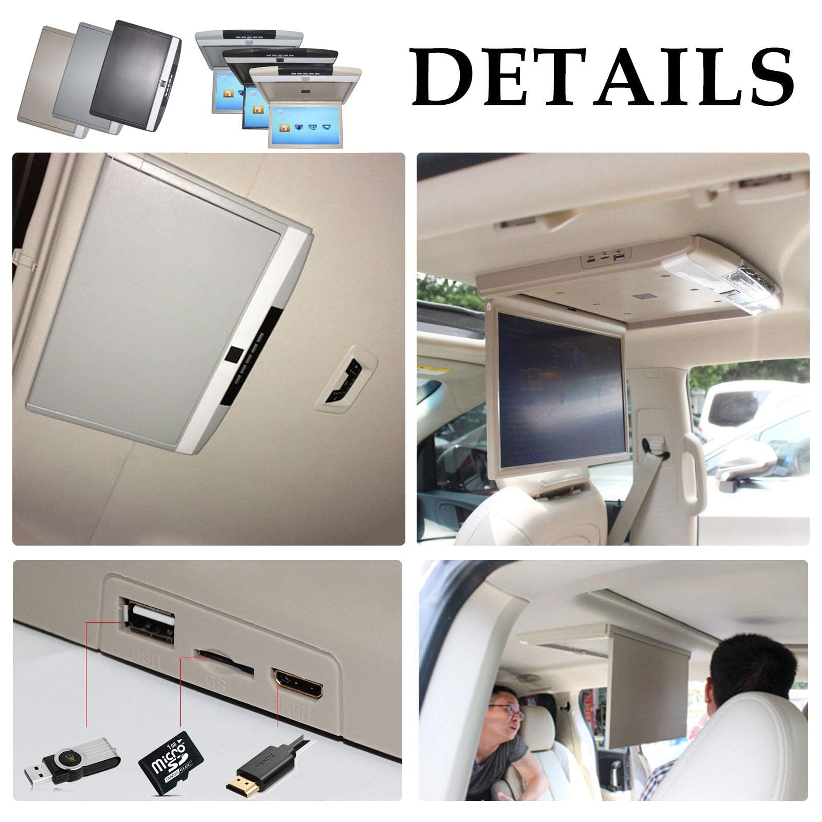 Monitor Ribaltabile per Auto, 17.3 Pollici 16: 9 Schermo Tft Digitale Ultrasottile 1080p Video Lettore per Auto da Tetto Monitor Montato sul Tetto Porta Hdmi USB SD Ir E FM,Grey