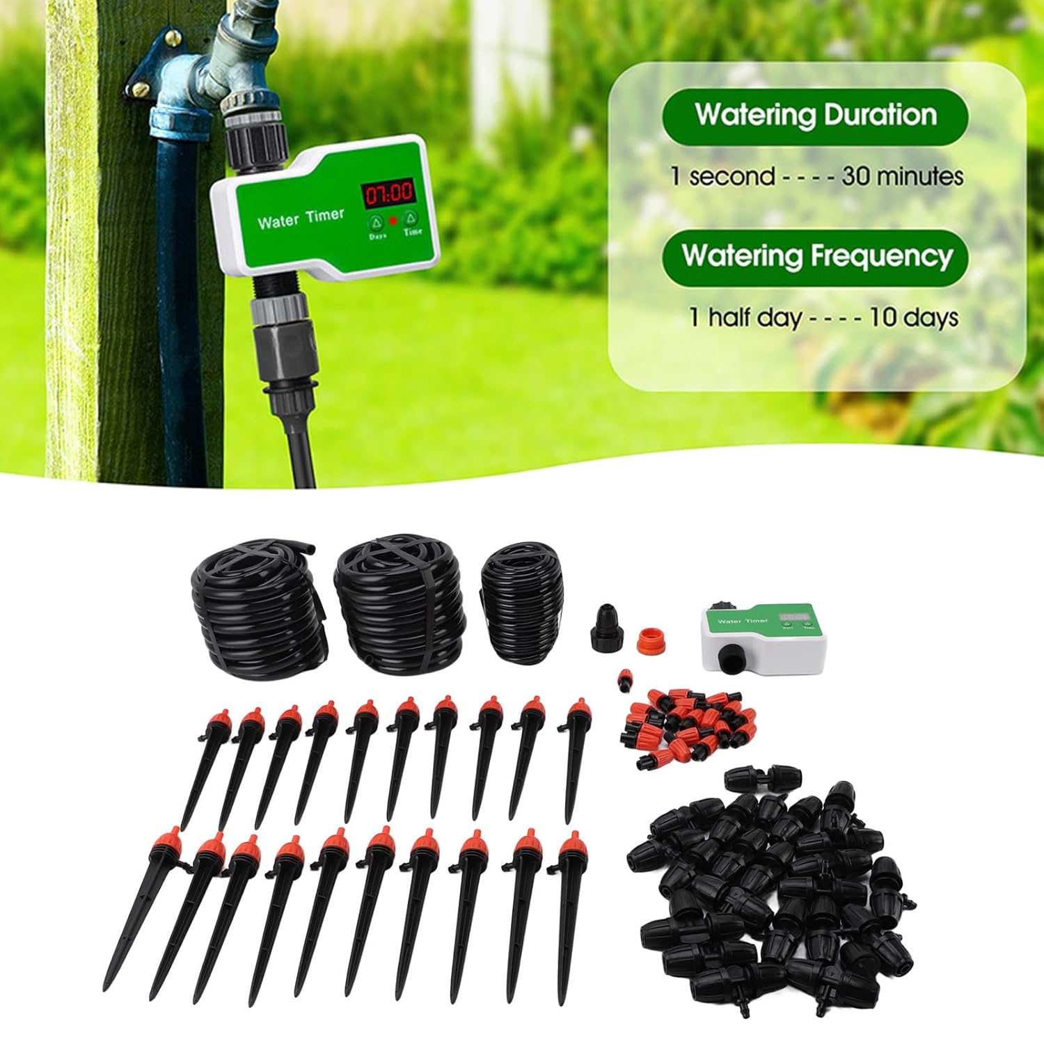 Luqeeg 65FT Automatic Drip Irrigation kit with Timer, Automatically Waters up to 20 Plants, for Greenhouse, Garden and Lawn Irrigation