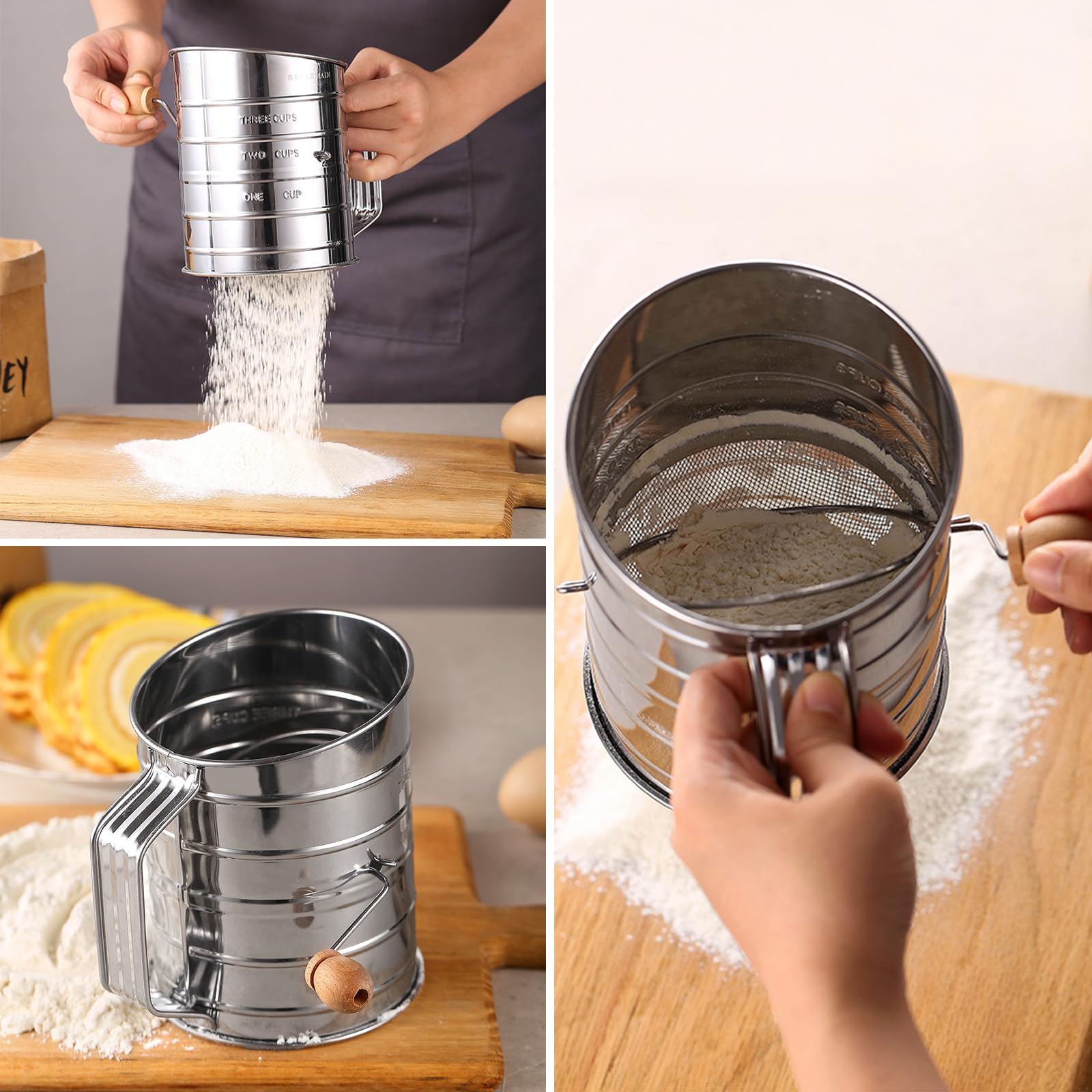 Jdeijfev Tamis à farine 3 tasses en acier inoxydable – Tamis à farine à manivelle fine avec boucle métallique d'agitateur pour la cuisson de gâteaux Jdeijfev Tamis à farine 3 tasses en acier inoxydable – Tamis à farine à manivelle fine avec boucle métallique d'agitateur pour la cuisson de gâteaux
