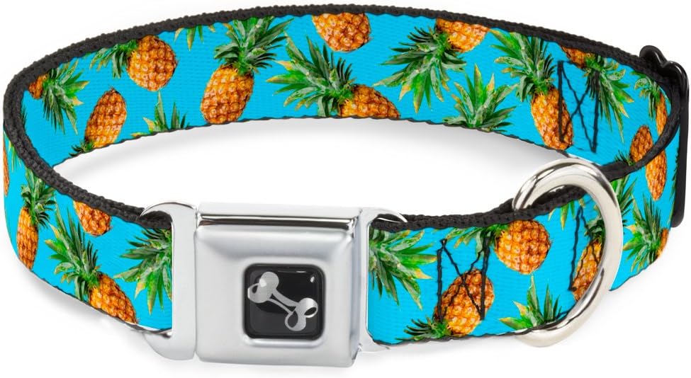 Dog Collar Seatbelt Buckle Vivid Pineapples Scattered Blue 13 to 18 Inches 1.5 Inch Wide
