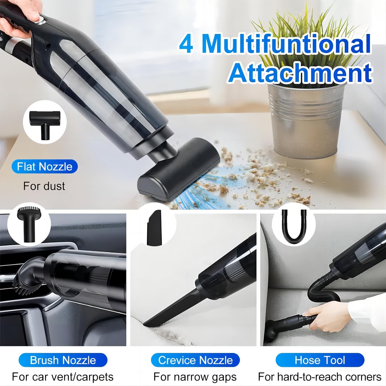 potente aspirapolvere portatile, 10000Pa forte aspirazione aspirapolvere portatile portatile senza fili leggero per auto e casa moquette scale peli di animali pulizia profonda (Nero)