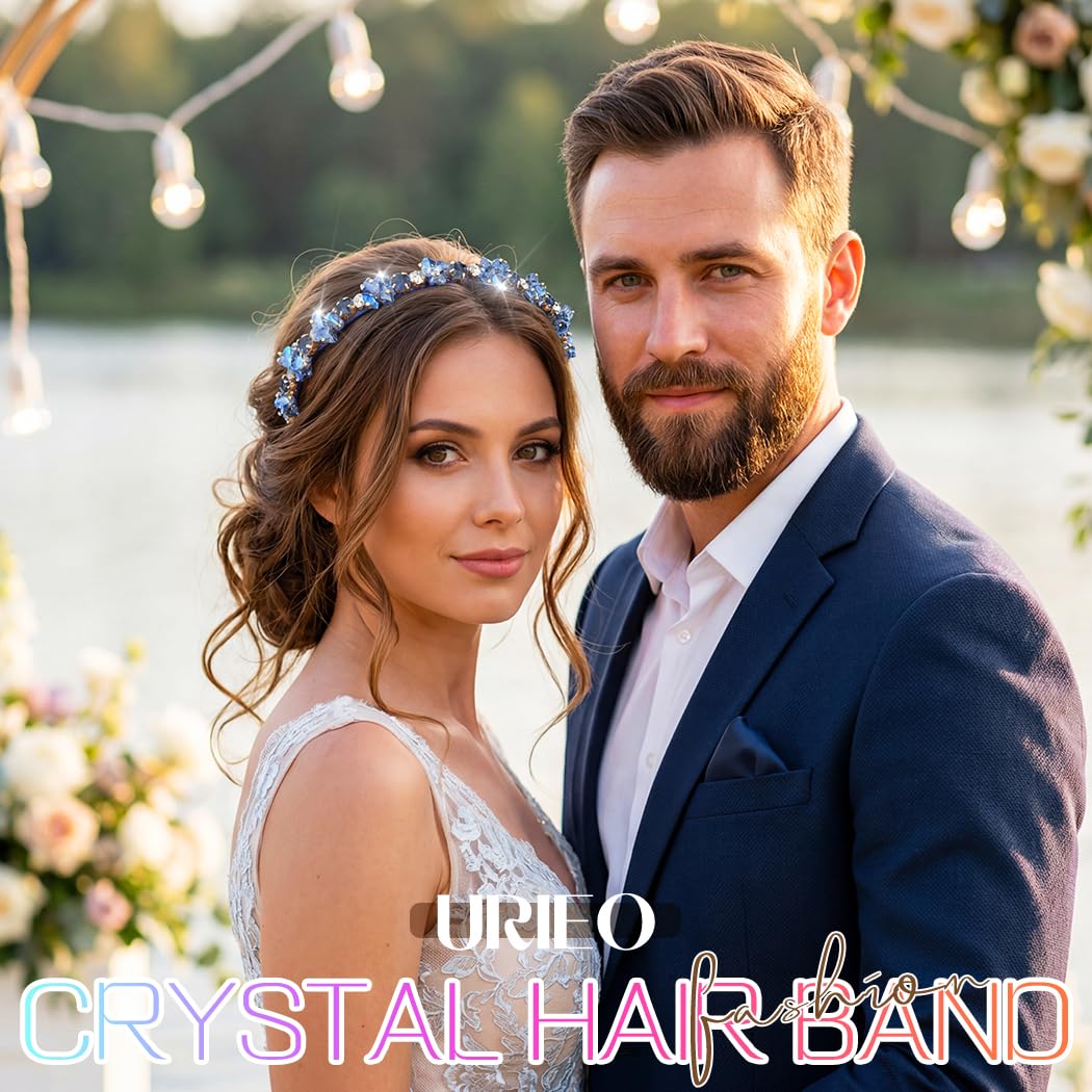 Urieo Crystal Headband with Blue Gems, Rhinestone Hair Accessory for Women