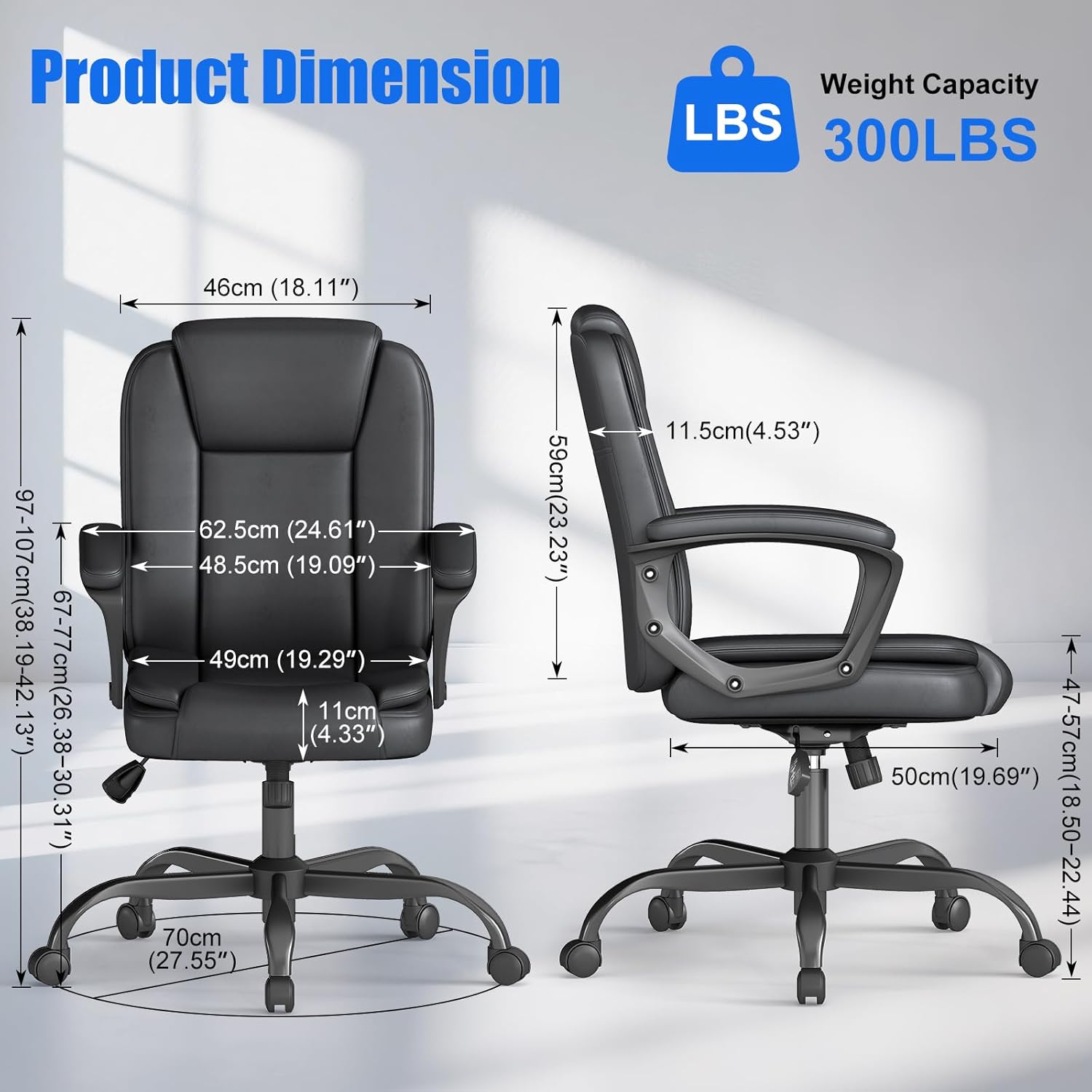 Executive Office Chair, Leather Desk Computer Chair with Padded Armrests, Mid-Back Swivel Adjustable Ergonomic Design for Home Office, 6PC, Black