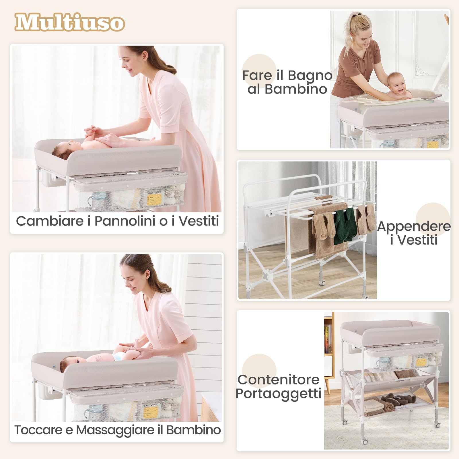 RELAX4LIFE Fasciatoio Pieghevole per Neonati, Fasciatoio Portatile con Cestino Laterale e Porta Asciugamani, Altezza Regolabile e Ruote Bloccabili, per Cameretta dei Bambini (Naurtale)