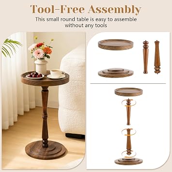 XUDREZ Modern Side Table with Vintage Spindle Design, Small Round Coffee End Table for Living Room Bedroom/Sofa/Bathtub (Walnut Brown)