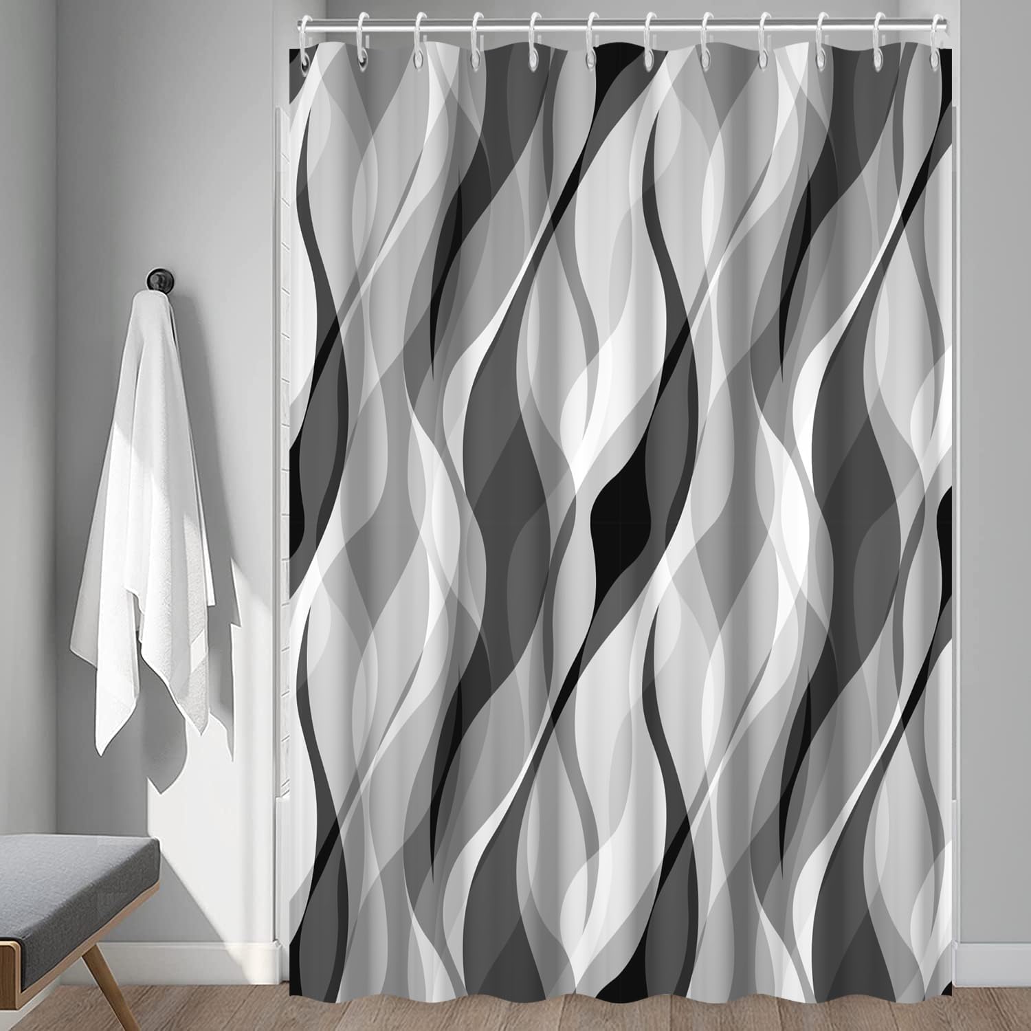 Grey Shower Curtain, Modern Abstract Black and Grey Striped Shower Curtain Set for Bathroom Waterproof White Gray Shower Curtain with Hooks, 72x84 Inch