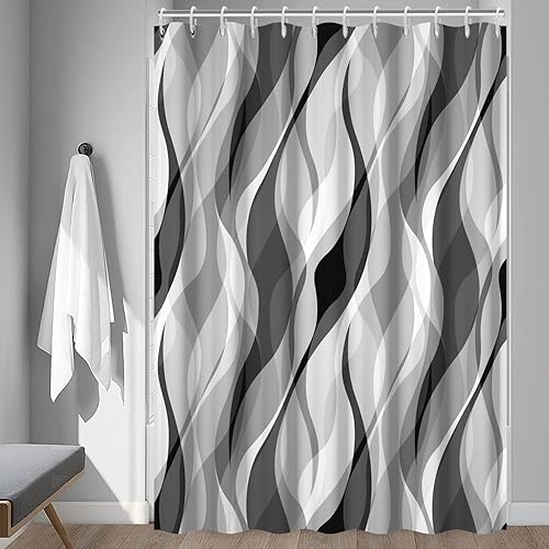 Miniatura 3 de Cortina de ducha gris, moderna cortina de ducha abstracta a rayas negras y grises para baño, cortina de ducha impermeable con ganchos, 72 x 72