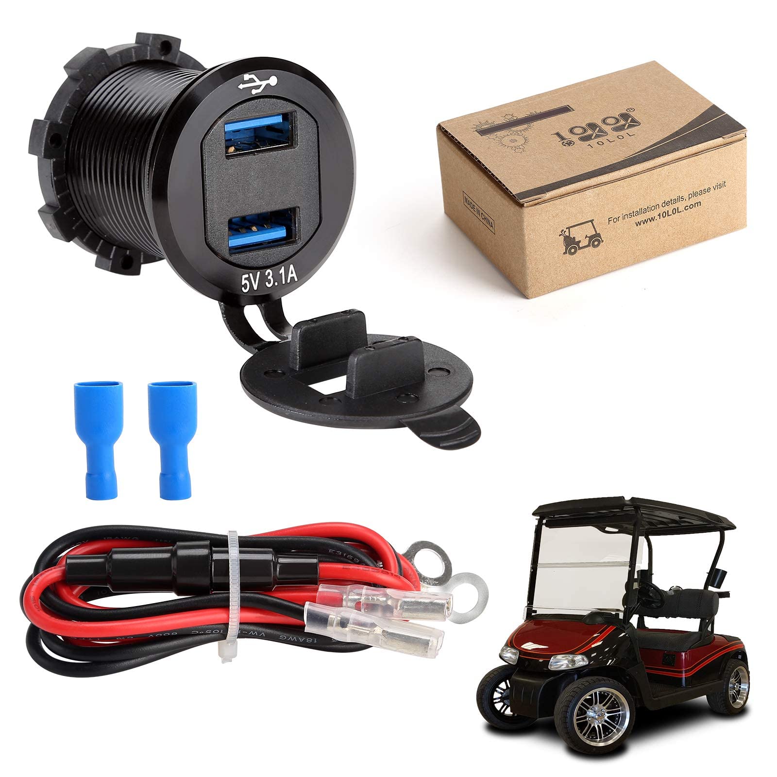 10L0L Golf Cart Ladegerät Adapter,Dual Port USB Quick Charge 3.1,5A Schnellladegerät Stromadapter für Golf Cart Club Car,EZGO und Yamaha (3.1 9-48V)