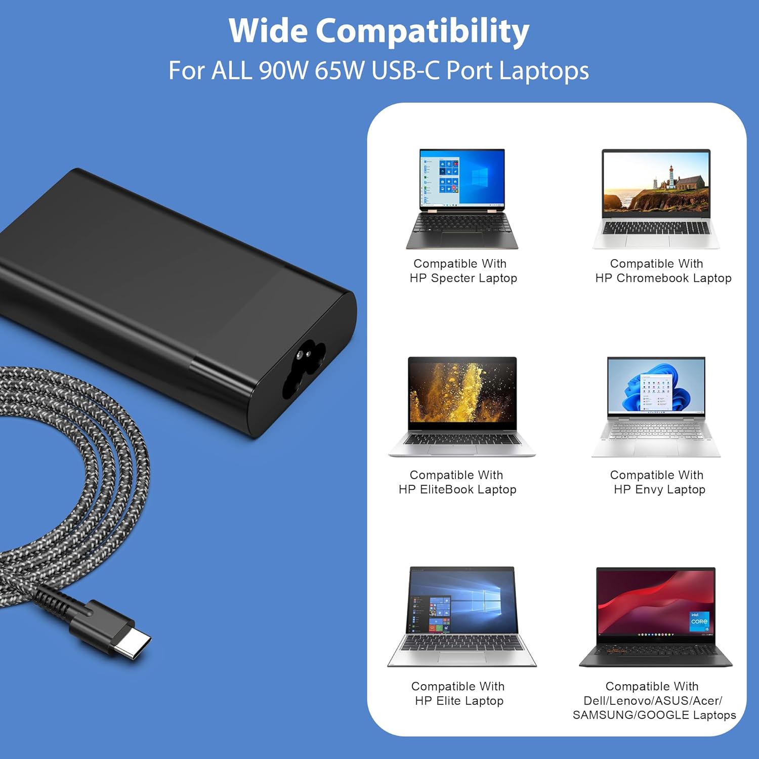 90W 65W USB C Laptop Charger Power Adapter Replacement for HP Spectre x360, EliteBook 1040 G4,Chromebook Fast Charging Type C Travel Laptop Power Cord Supply SM90CS-01 image 4 of 6 B0D9XV1J4D