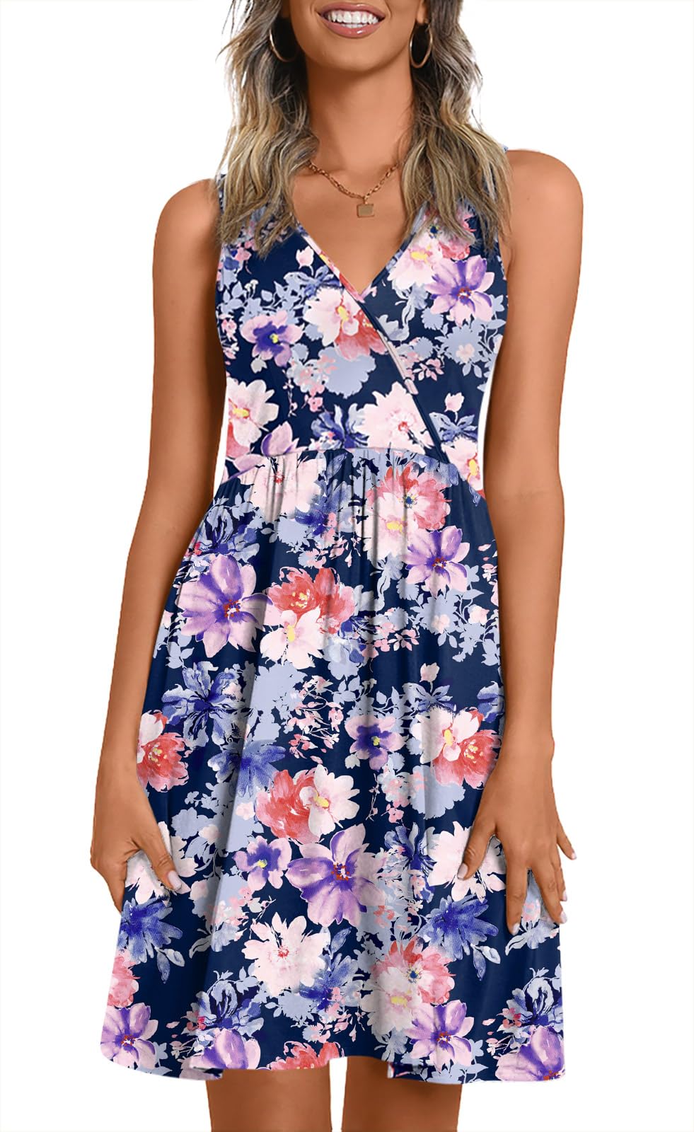 CATHY Women V Neck Sleeveless Dresses with Pockets Summer Sundress S-2XL