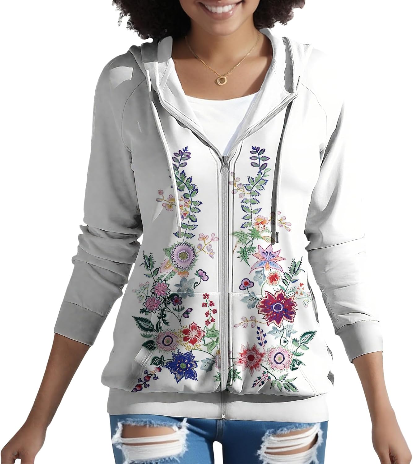 Womens Jackets Fall Long Sleeve Lightweight Jacket Hooded Neck Drawstring Casual Coats Zip Up Sweatshirt with Pockets