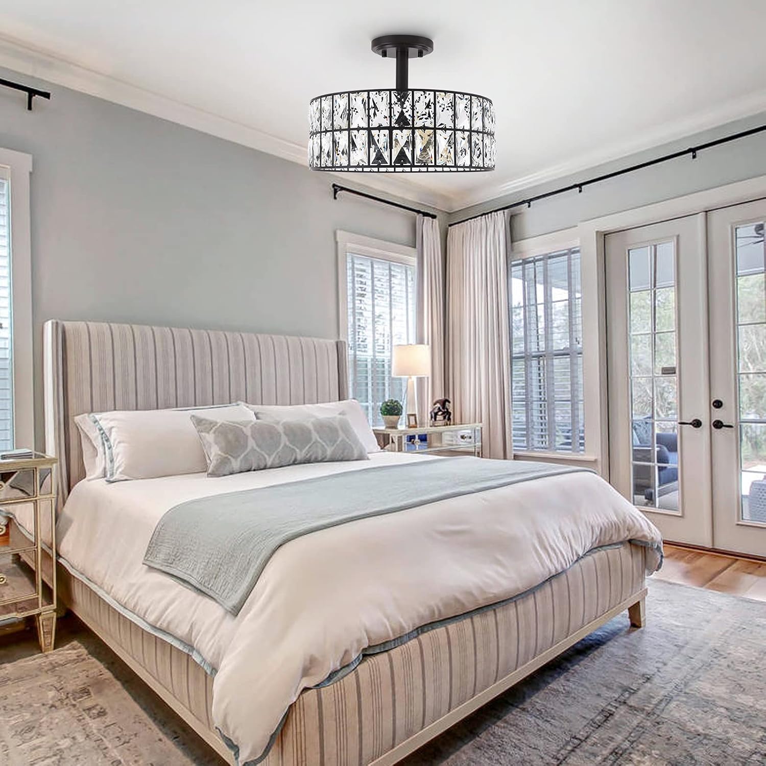 Doraimi Lighting Crystal Drum Ceiling Light Black 12 Inch 2 Light Semi Flush Mount Farmhouse Fixture for Living Room Dining Room Bedroom Kitchen Island Hallway