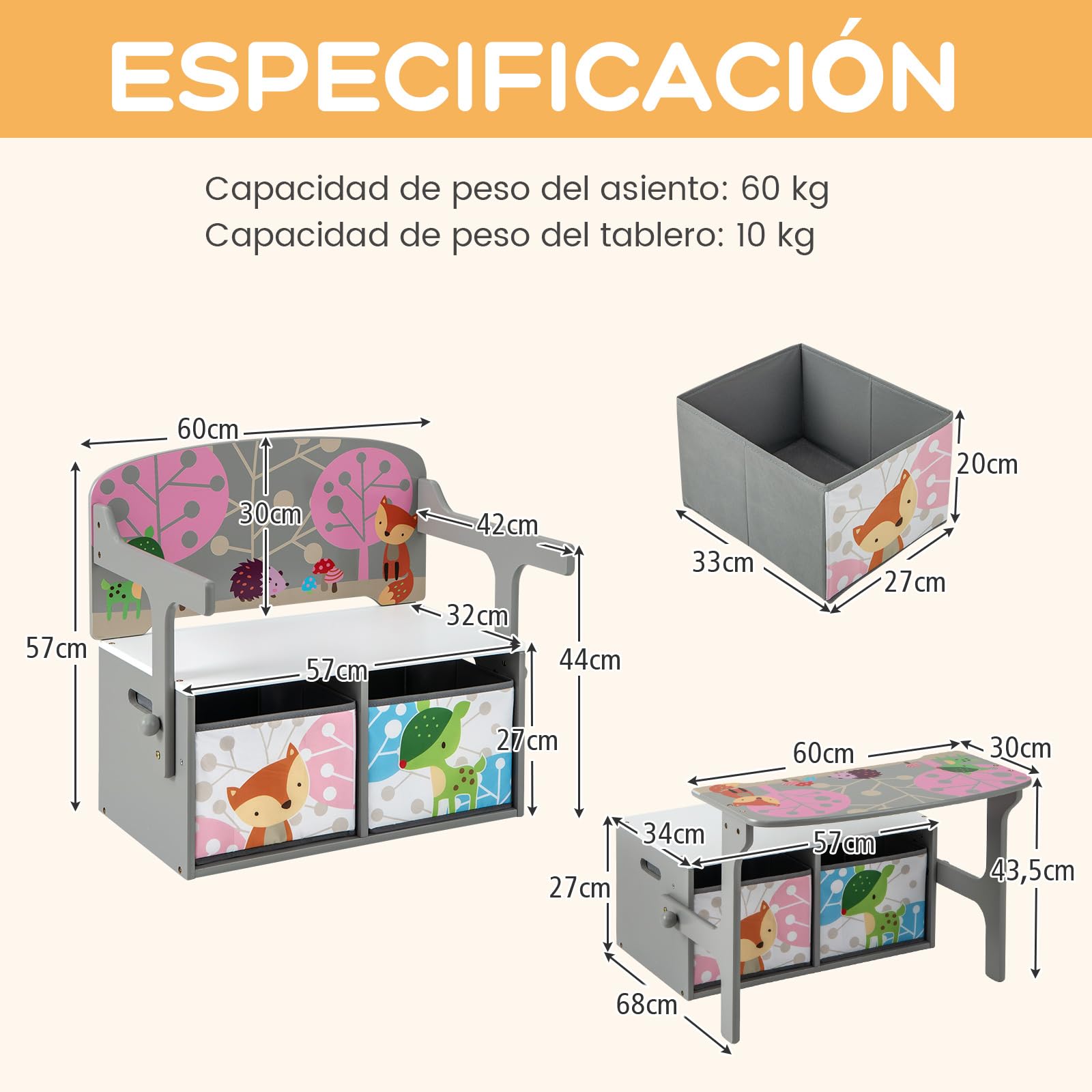 COSTWAY Mesa Infantil 3 en 1 con Banco, Banco de Actividades Convertible para Niños, Juego de Mesa y Silla para Niños con 2 Contenedores de Tela Extraíbles para Jugar a Dibujar