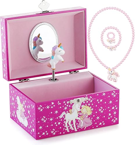 RR ROUND RICH DESIGN Joyero musical para niñas y juego de joyas con bonito tema de unicornio color rojo rosa