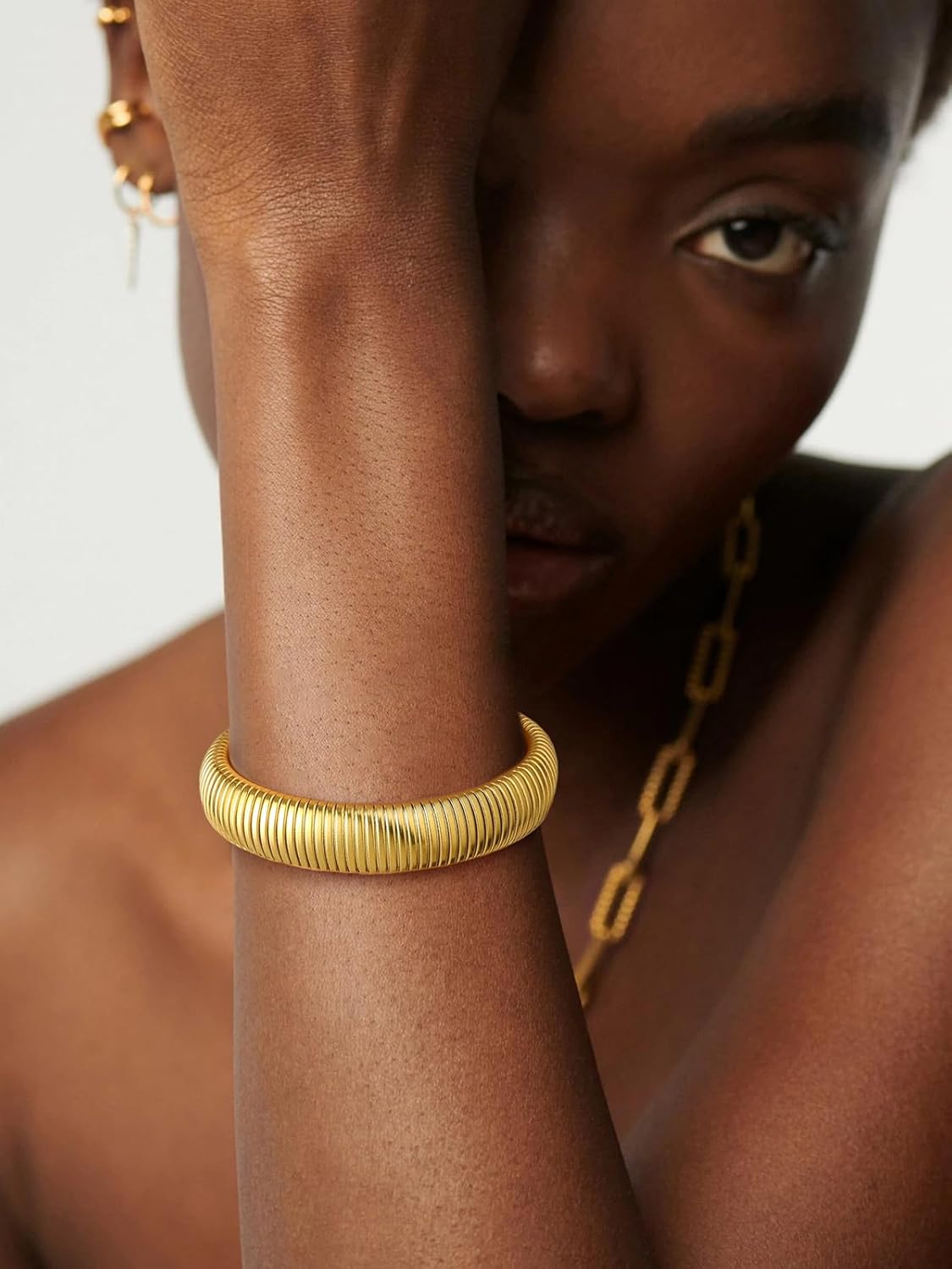 U7 Stretch Bracelets for Women Stainless Steel 18K Gold Plated Bangle Bracelets,Non Tarnish Link Bracelets,10mm,16mm,20mm - Image 2