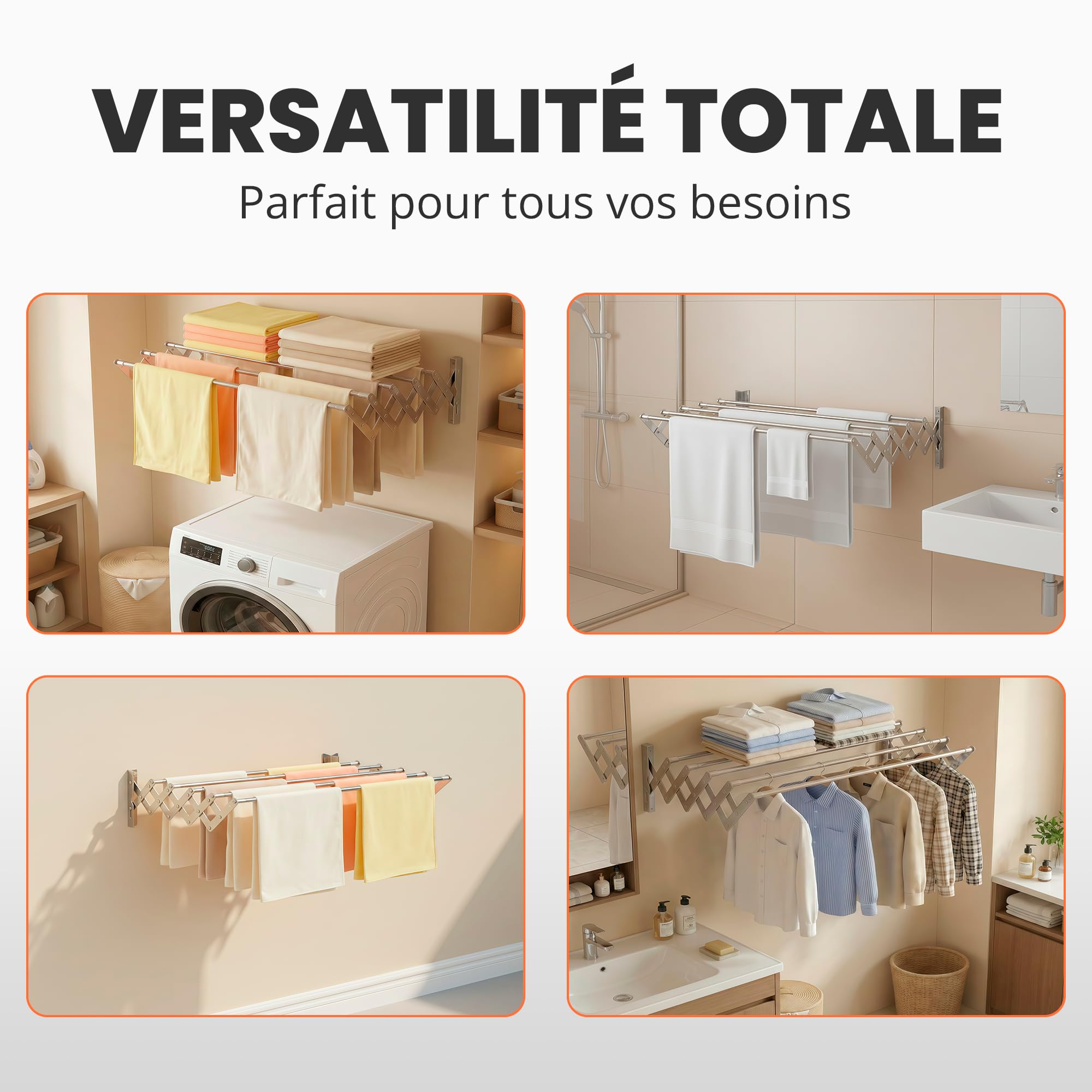 JUPPLIES Étendoir Mural Rétractable 160 cm – Séchoir à Linge Pliable pour Intérieur et Extérieur – 5 Barres INOX Résistantes, Installation Facile et Pinces Incluses