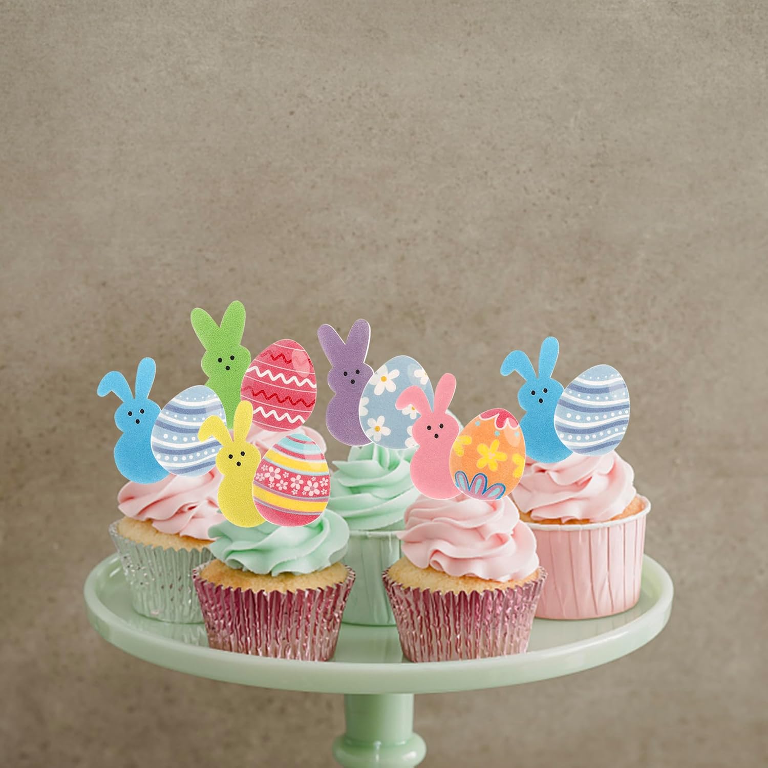 60 PCS Edible Easter Cupcake Toppers Colorful Bunny Cupcake Topper Edible Eggs Cupcake Picks for Happy Easter Day Rabbit Egg Theme Baby Shower Birthday Party Cake Food Decorations Supplies