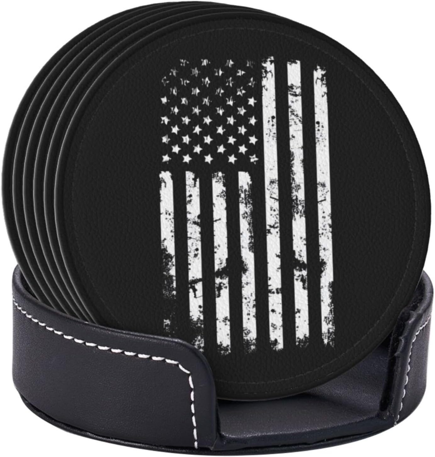 6 Pcs Vintage Black American Flag Leather Coasters for Drinks with Holder Round Mug Mat Table Desk Coasters Set Cup Coasters for Living Room Kitchen Coffee Decor
