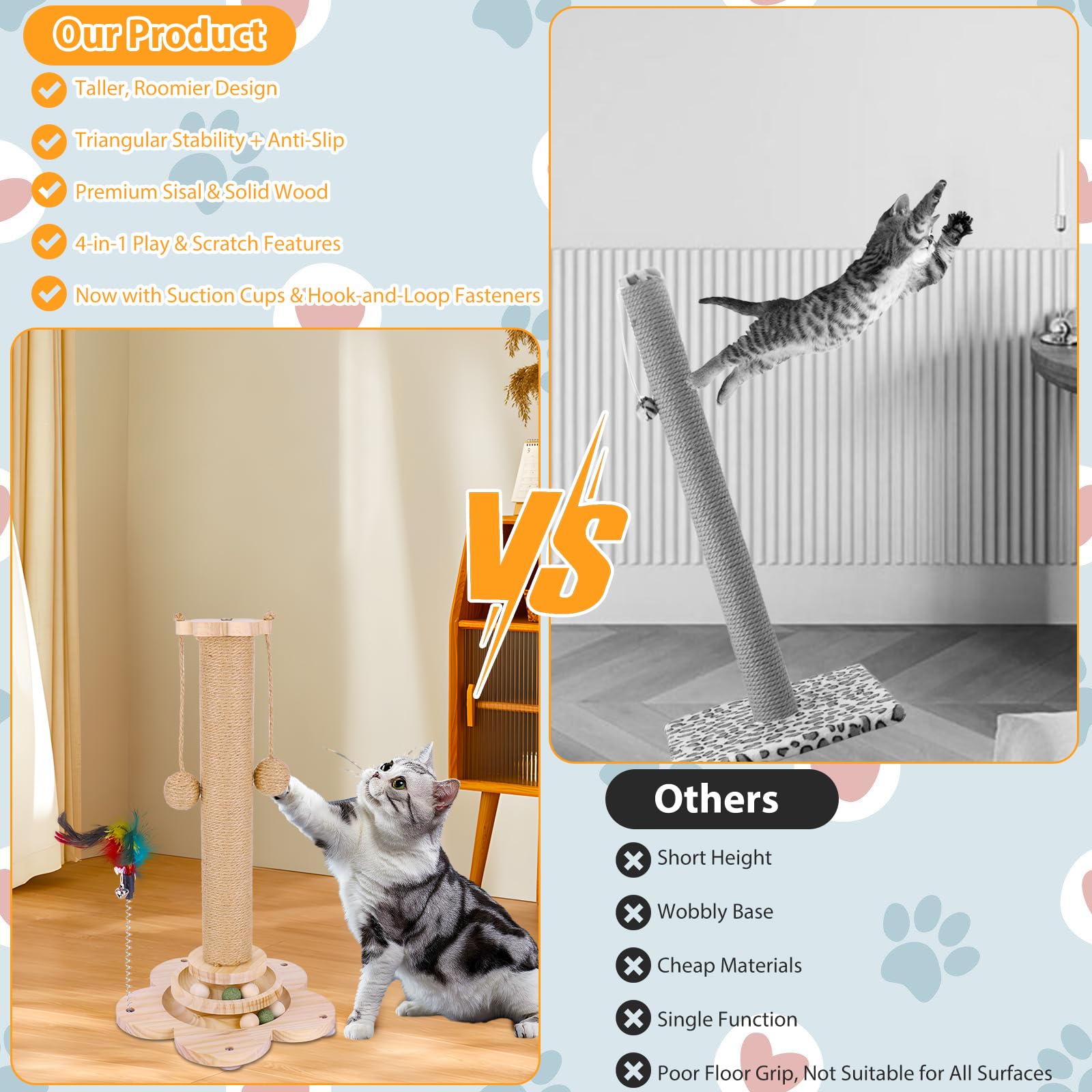 FitRepa Cat Scratching Post Multifunctional Cat Scratch Post, with Solid Wooden Base, Interactive Track & Spring Feather Toy - Image 4