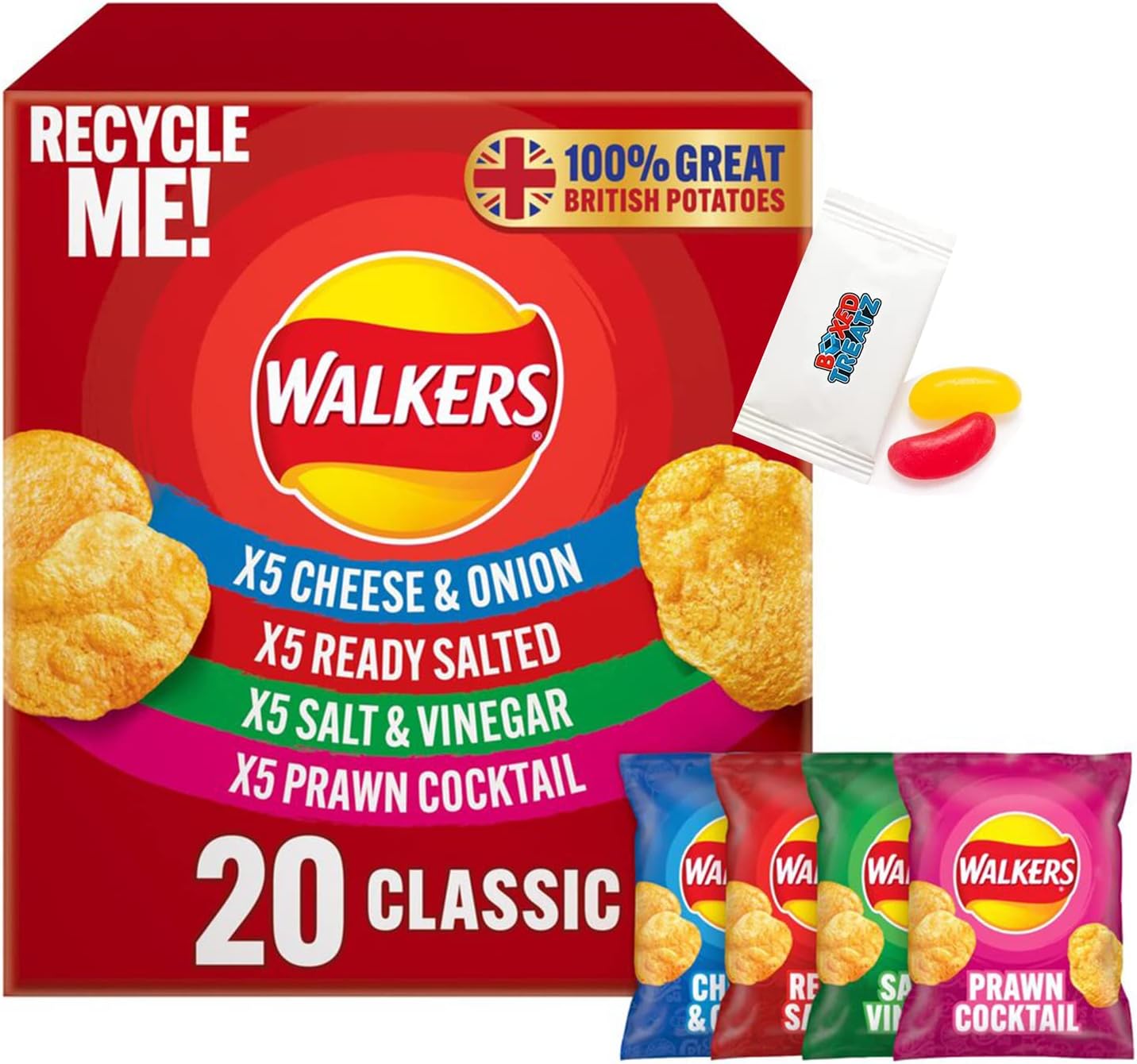 Walkers Classic Variety Multipack Crisps 20X25G Multipack Of Walkers Classic Variety Crisps 5x Ready Salted, 5 x Cheese & Onion, 5 x Salt & Vinegar and 5 x Prawn Cocktail Boxed Treatz