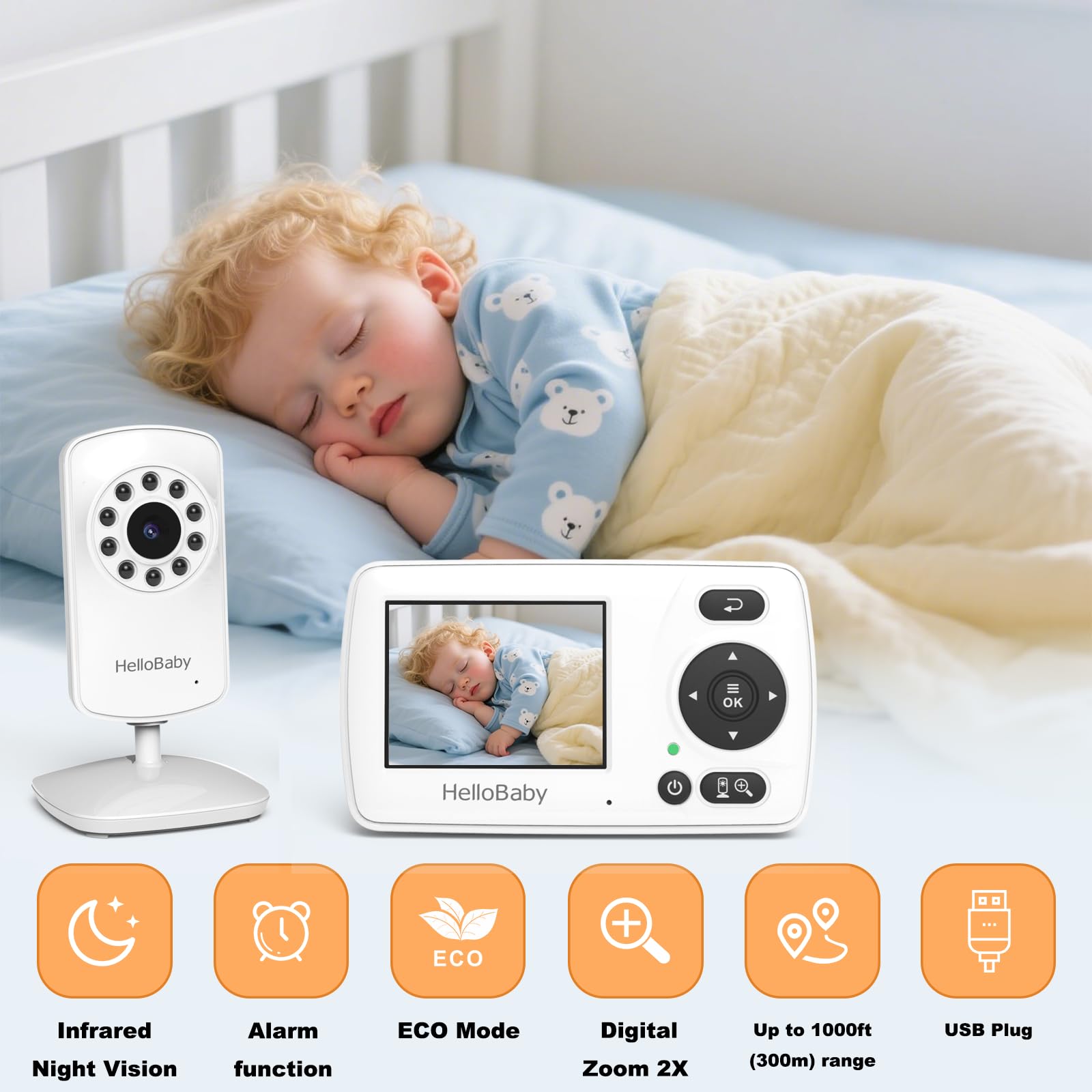 HelloBaby Baby monitor, aggiornamento video baby monitor con fotocamera e visione notturna, 8 lingue, modalità ECO, nessun WiFi per la privacy, zoom 2x, funzione allarme