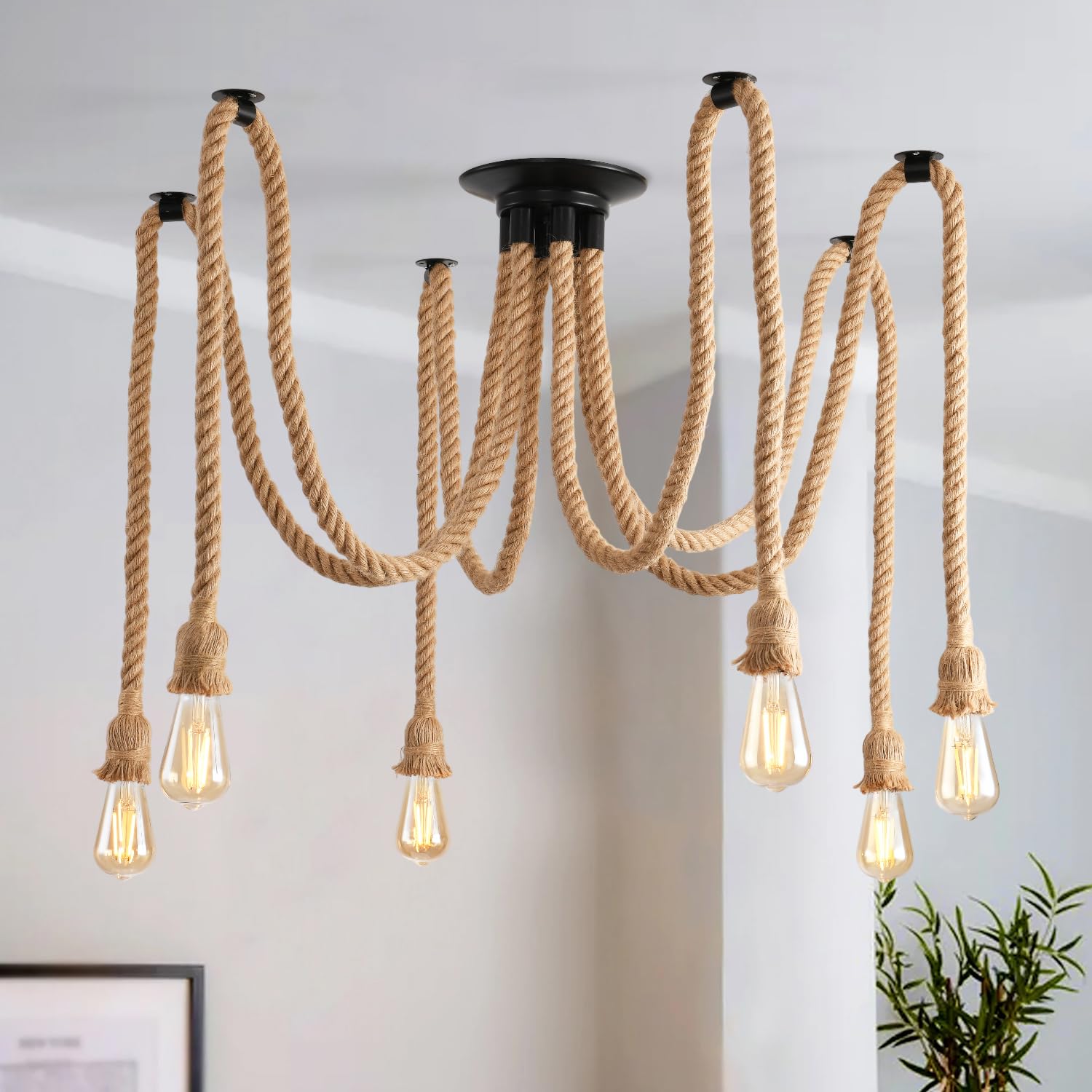 ANWIO Lampa sufitowa z liny konopnej, pająk, żyrandol, lina konopna, "zrób to sam", lampa sufitowa retro, lampa wisząca E27, do jadalni, salonu, jadalni, hotelu, dekoracja (6 żarówek)