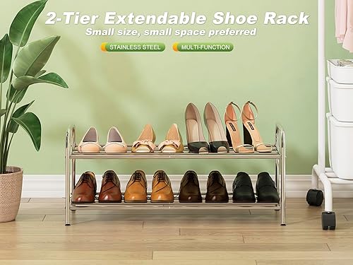 Miniatura 6 de Zapatero bajo de 2 niveles, 100% acero inoxidable, pequeño zapatero expandible, barra elástica, no se oxida, fácil de cuidar, estante de
