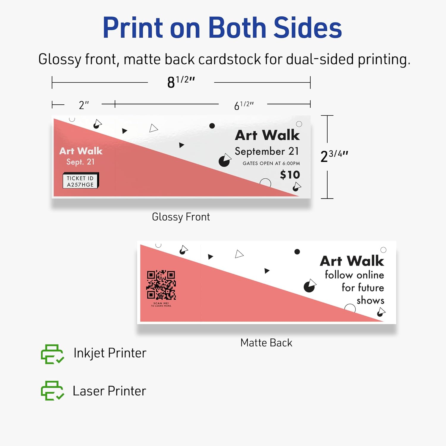 Avery Printable Rectangle Tickets, 2-3/4" x 8-1/2", Glossy White Cardstock, Laser/Inkjet Printable, 200 Total