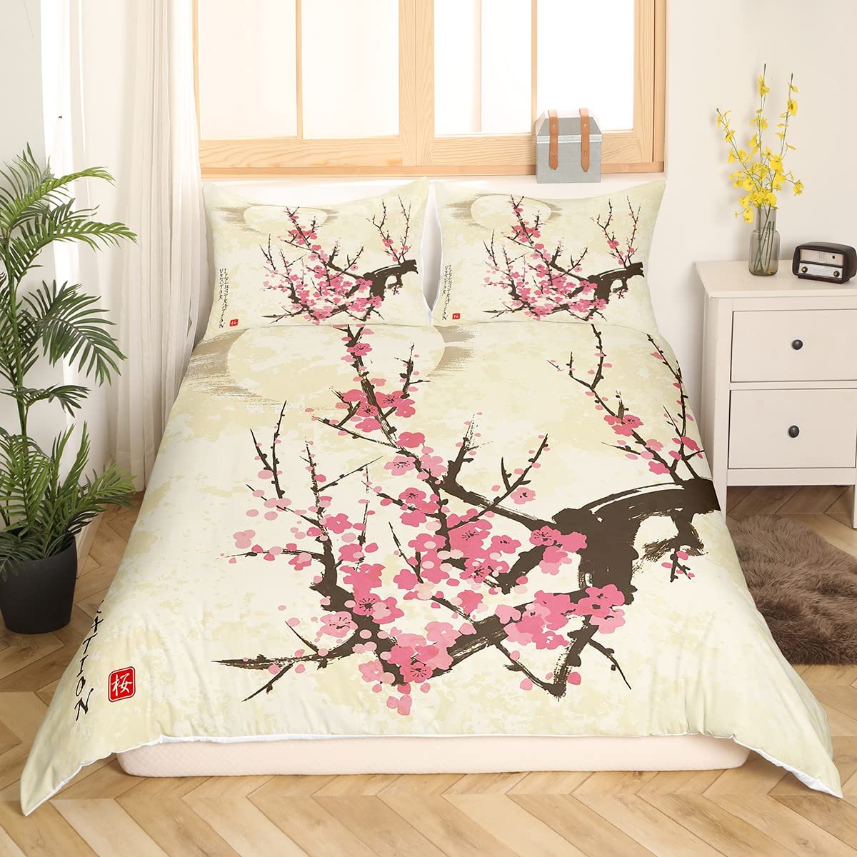 Pink Cherry Blossoms Comforter Cover, Japanese-Style Duvet Cover for Adult Women Girls Romantic Theme Bedding Collections Boys Teens Nature Flowers Bedding Set with 2 Pillowcases, King Size